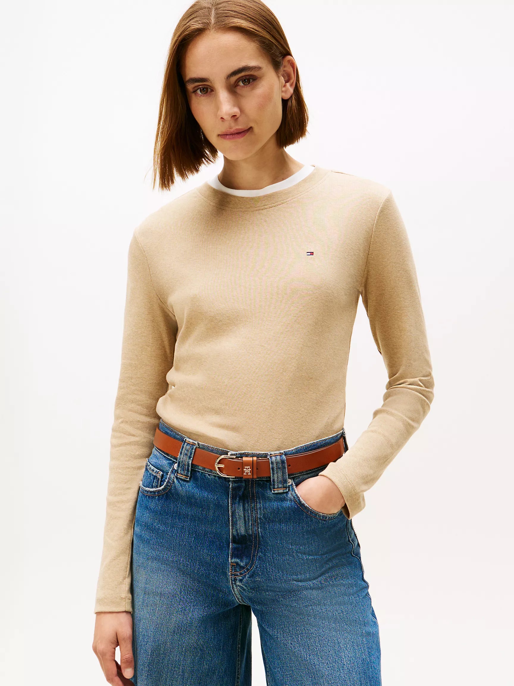 Tommy Womens' Long-Sleeve Crewneck Favorite T-Shirt/  BEIGE