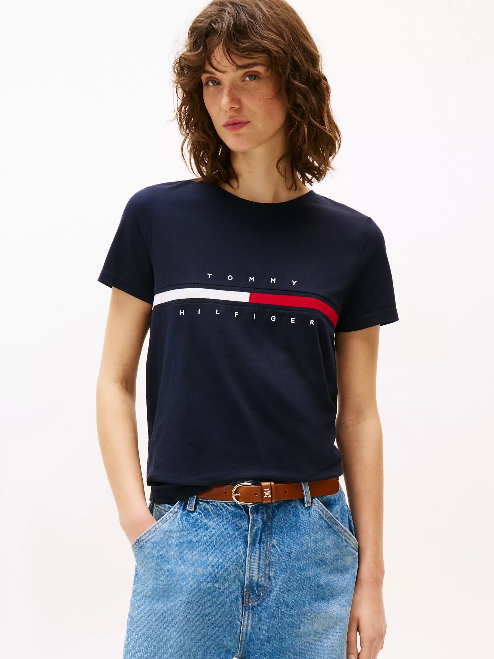 Womens' Embroidered Flag Stripe Logo T-Shirt/NAVY