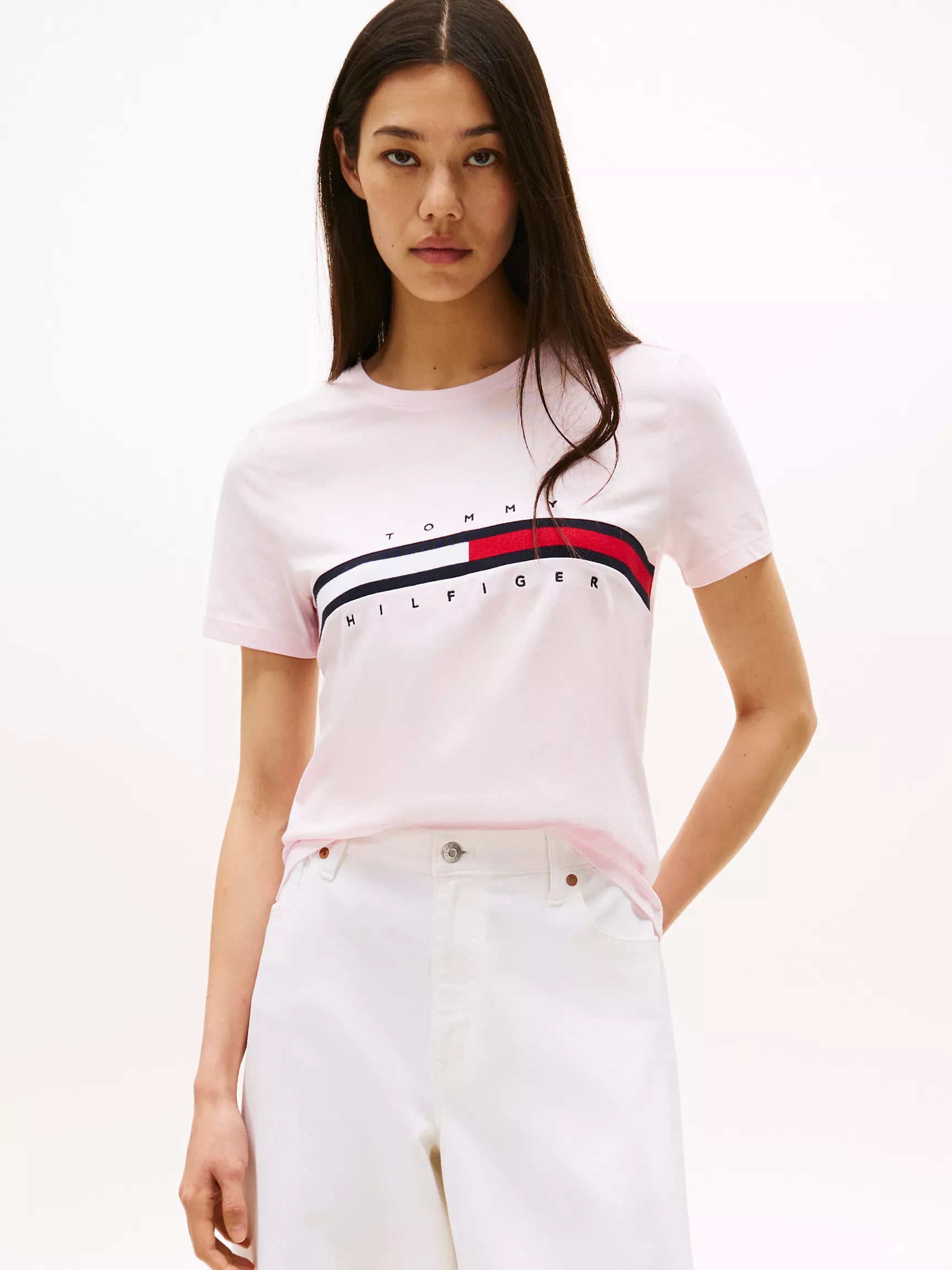 Womens' Embroidered Flag Stripe Logo T-Shirt/Light Pink