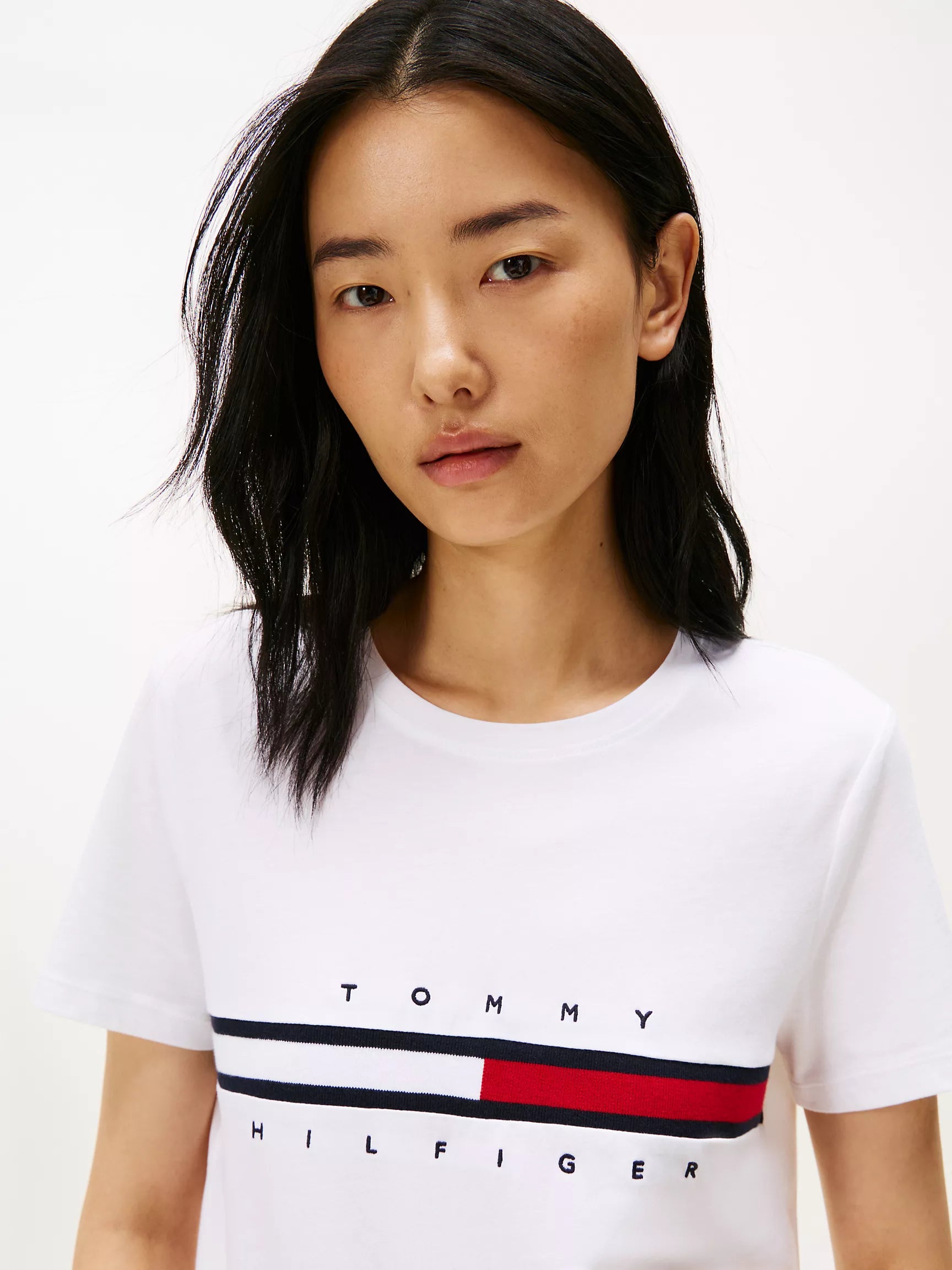 Womens' Embroidered Flag Stripe Logo T-Shirt/ WHITE