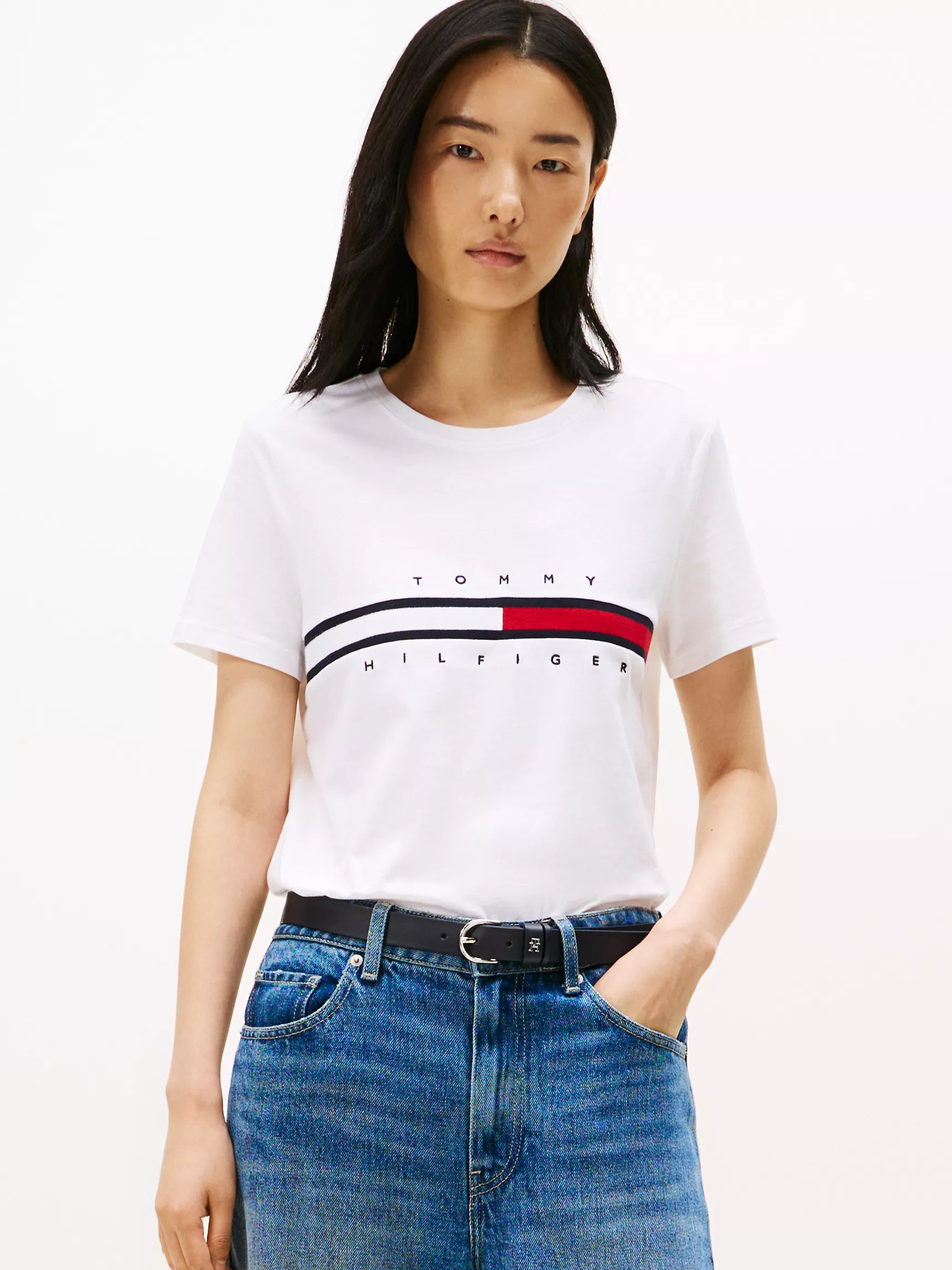 Womens' Embroidered Flag Stripe Logo T-Shirt/ WHITE