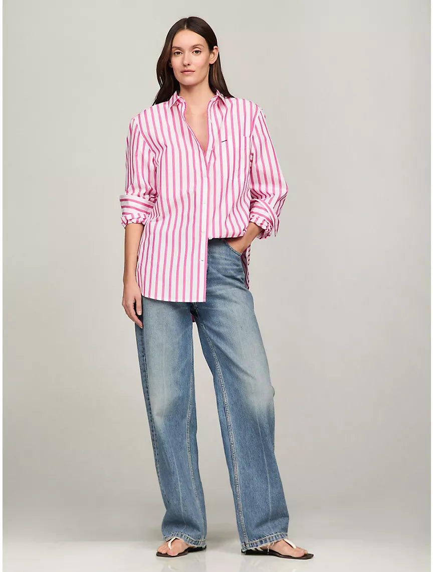 WOMENS' Tommy Hilfiger Oversized Stripe Poplin Shirt - Pink Passion Multi