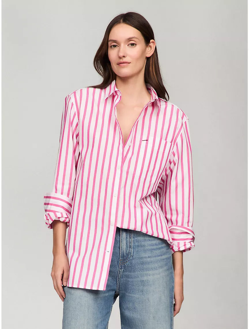 WOMENS' Tommy Hilfiger Oversized Stripe Poplin Shirt - Pink Passion Multi