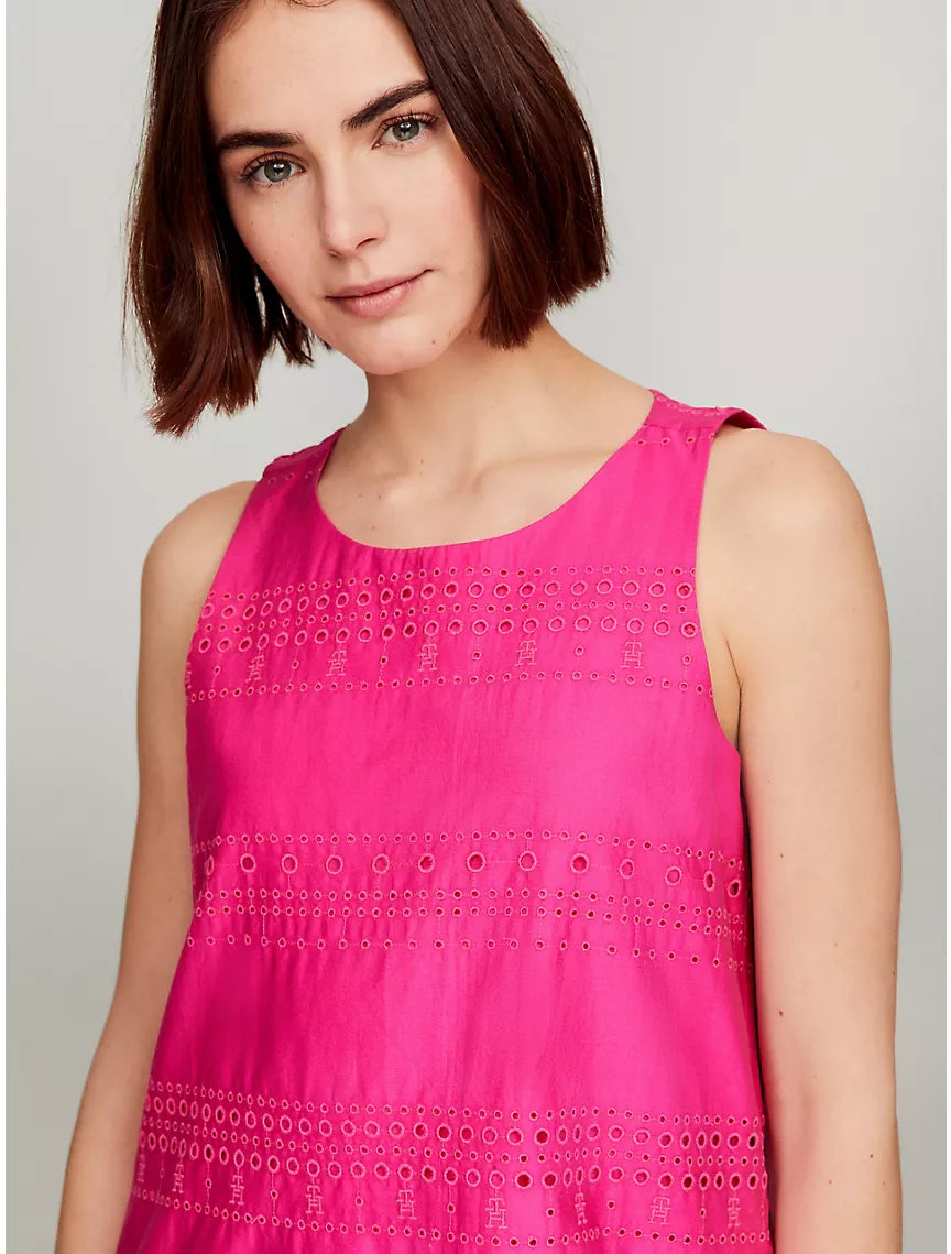 Tommy Hilfiger Sleeveless Embroidered Eyelet Dress - Pink Passion