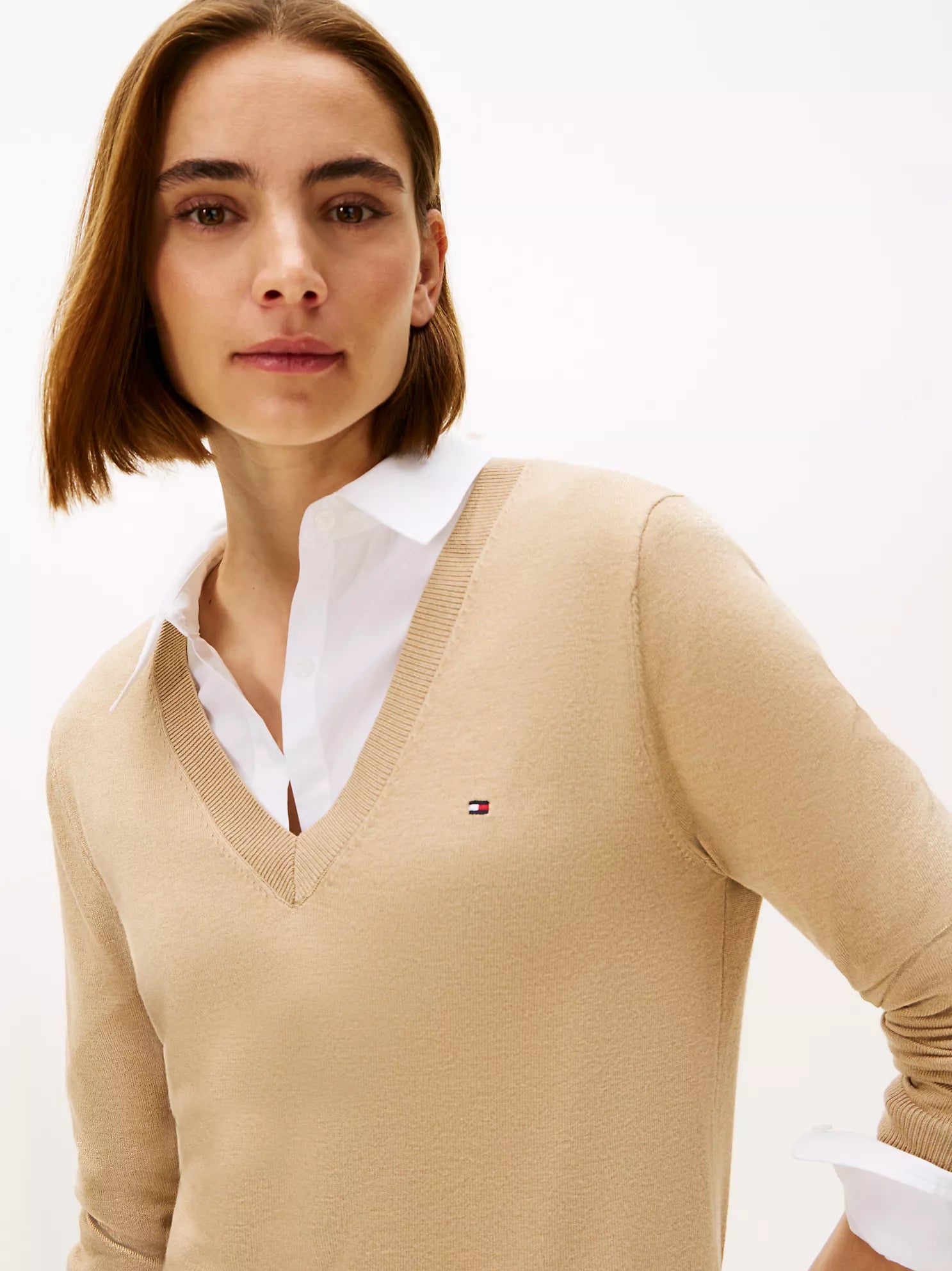 Tommy WOMENS' Viscose-Blend V-Neck Sweater Beige Heather