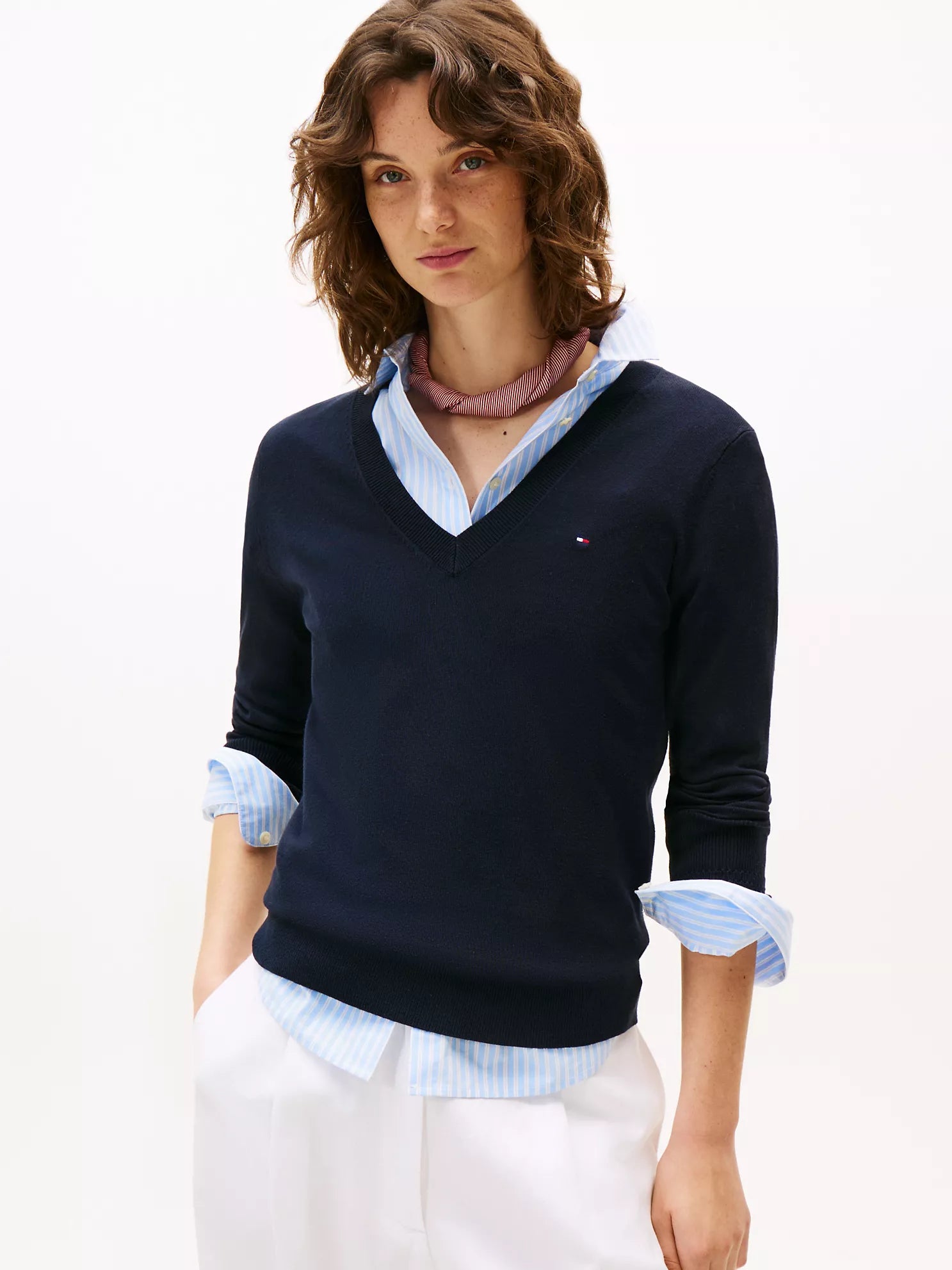 Tommy WOMENS' Viscose-Blend V-Neck Sweater NAVY