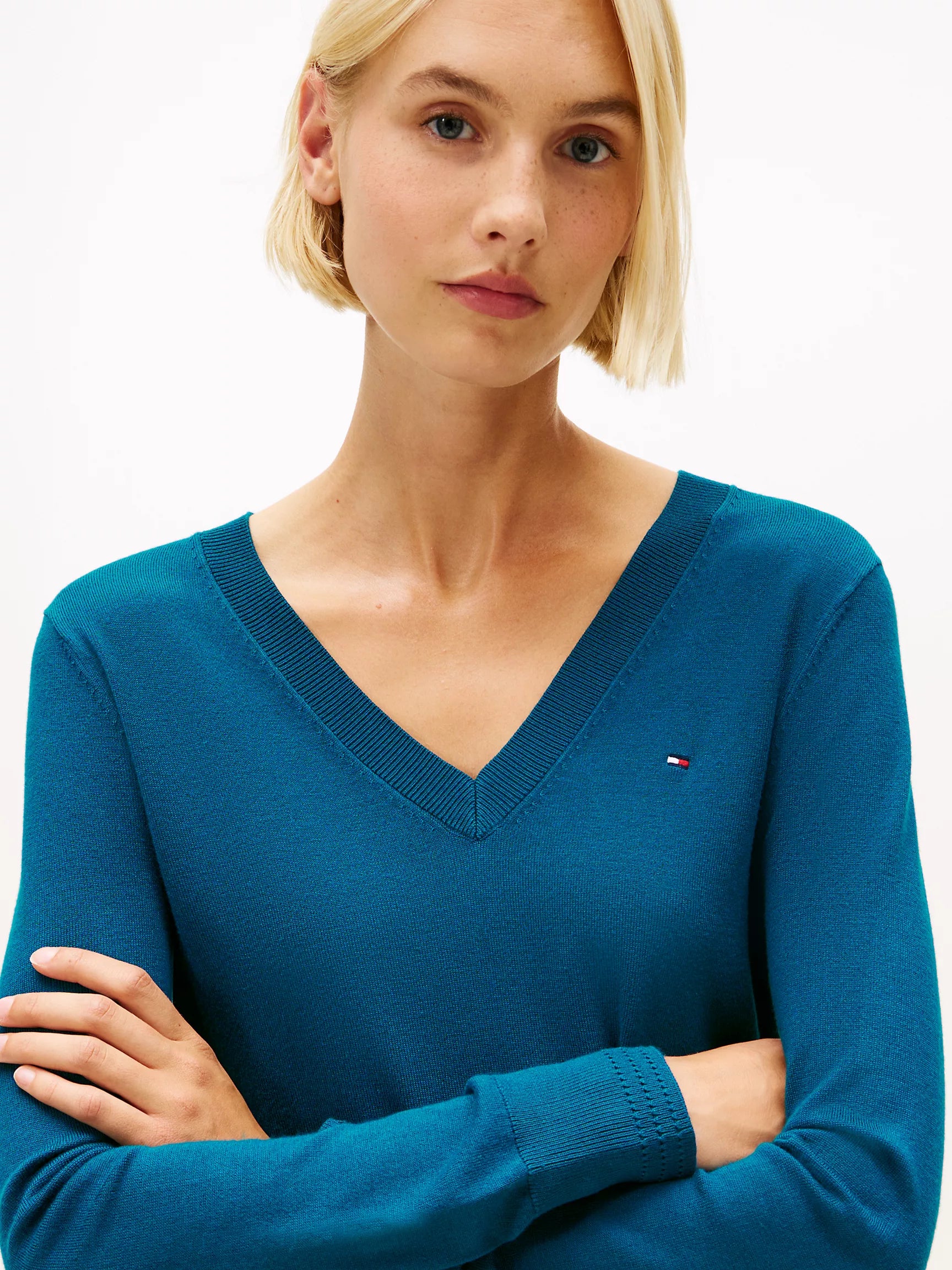 Tommy WOMENS' Viscose-Blend V-Neck Sweater Midnight Turquoise