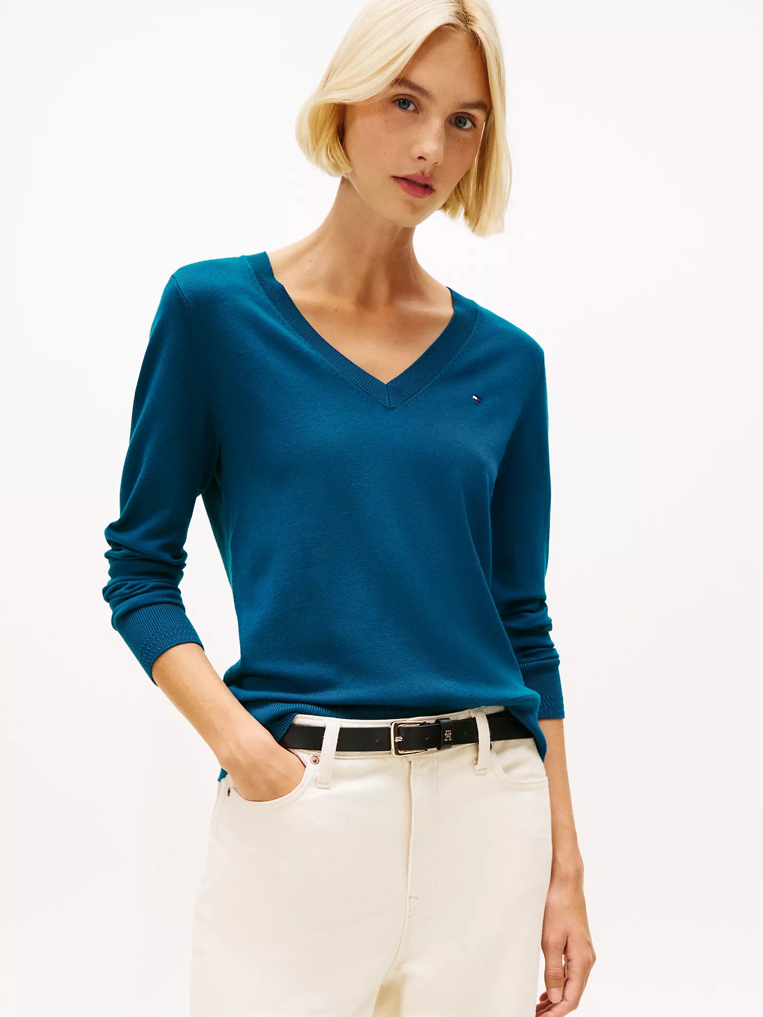 Tommy WOMENS' Viscose-Blend V-Neck Sweater Midnight Turquoise