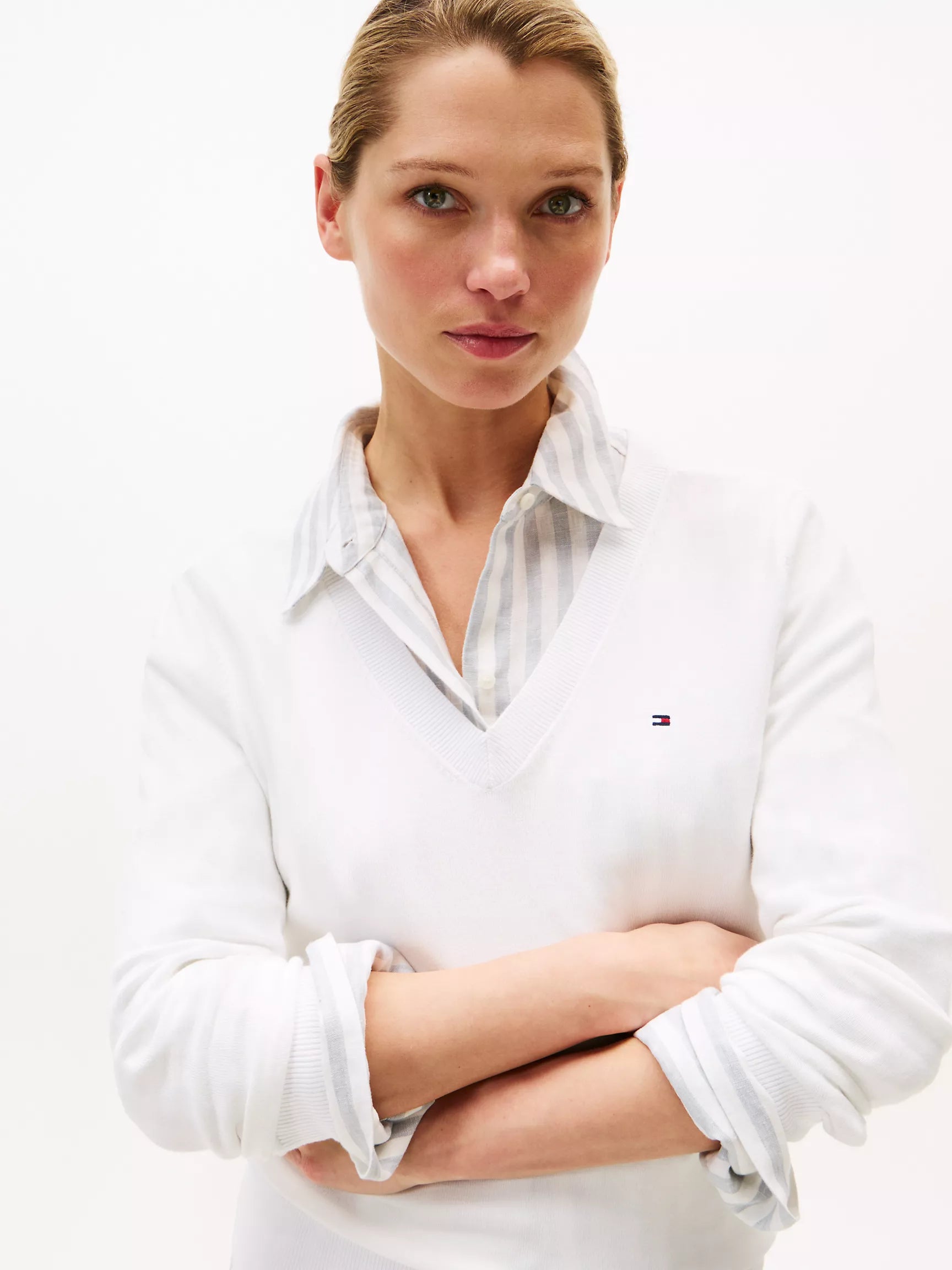 Tommy WOMENS' Viscose-Blend V-Neck Sweater WHITE