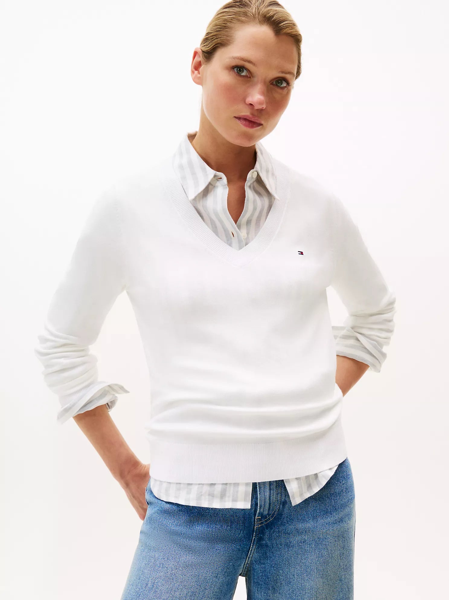 Tommy WOMENS' Viscose-Blend V-Neck Sweater WHITE