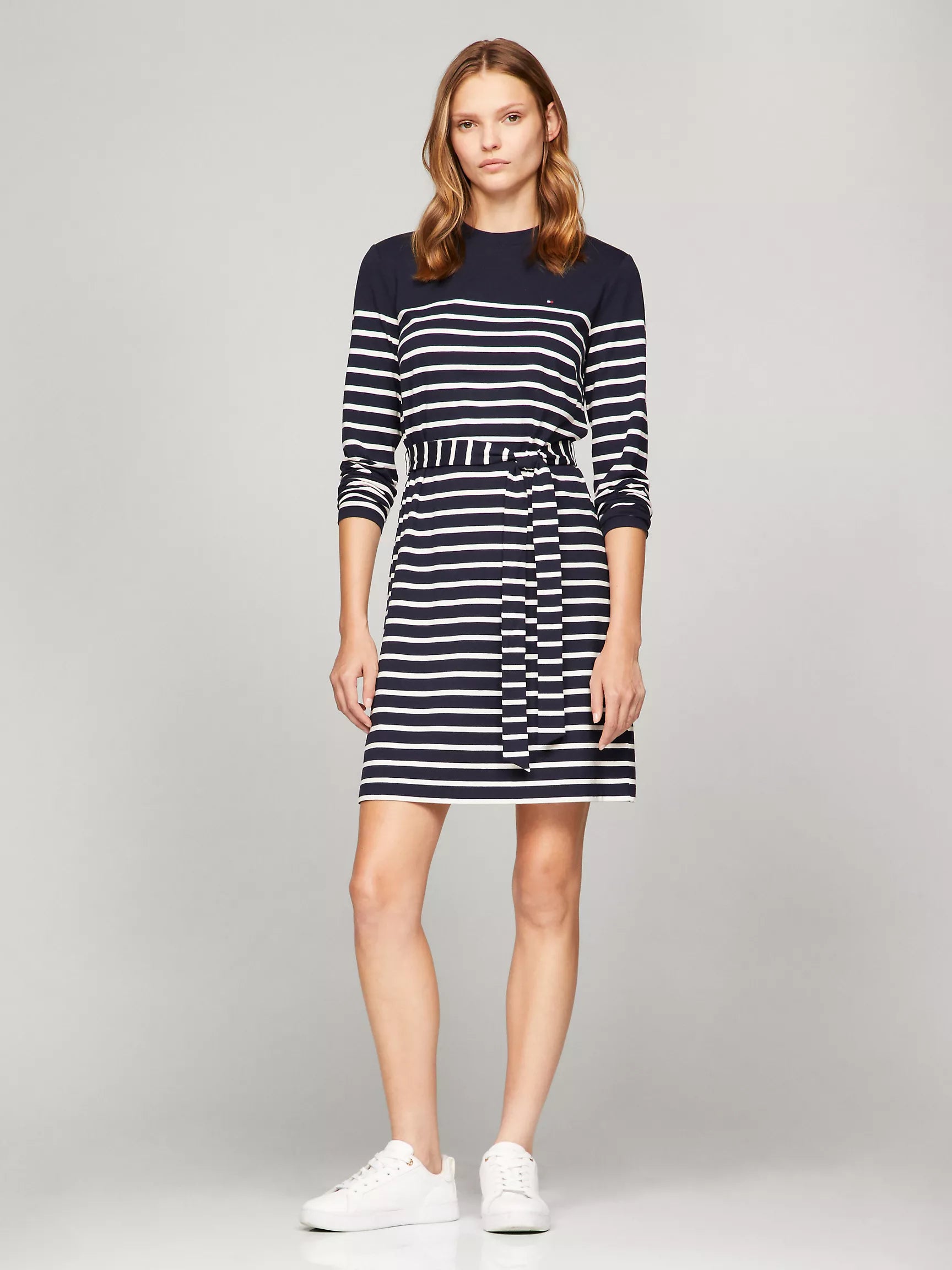 WOMEN TOMMY Long-Sleeve Belted Stripe Knit Dress/ NAVY
