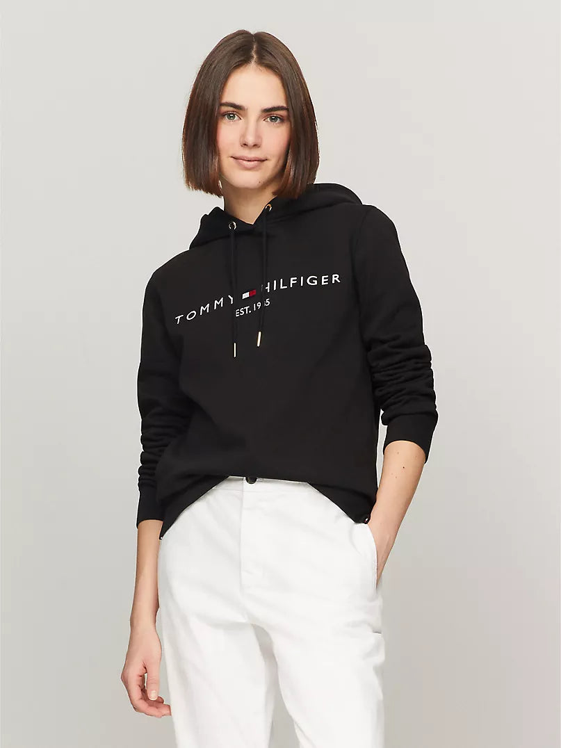 Womens' Embroidered Tommy Logo Hoodie-Black