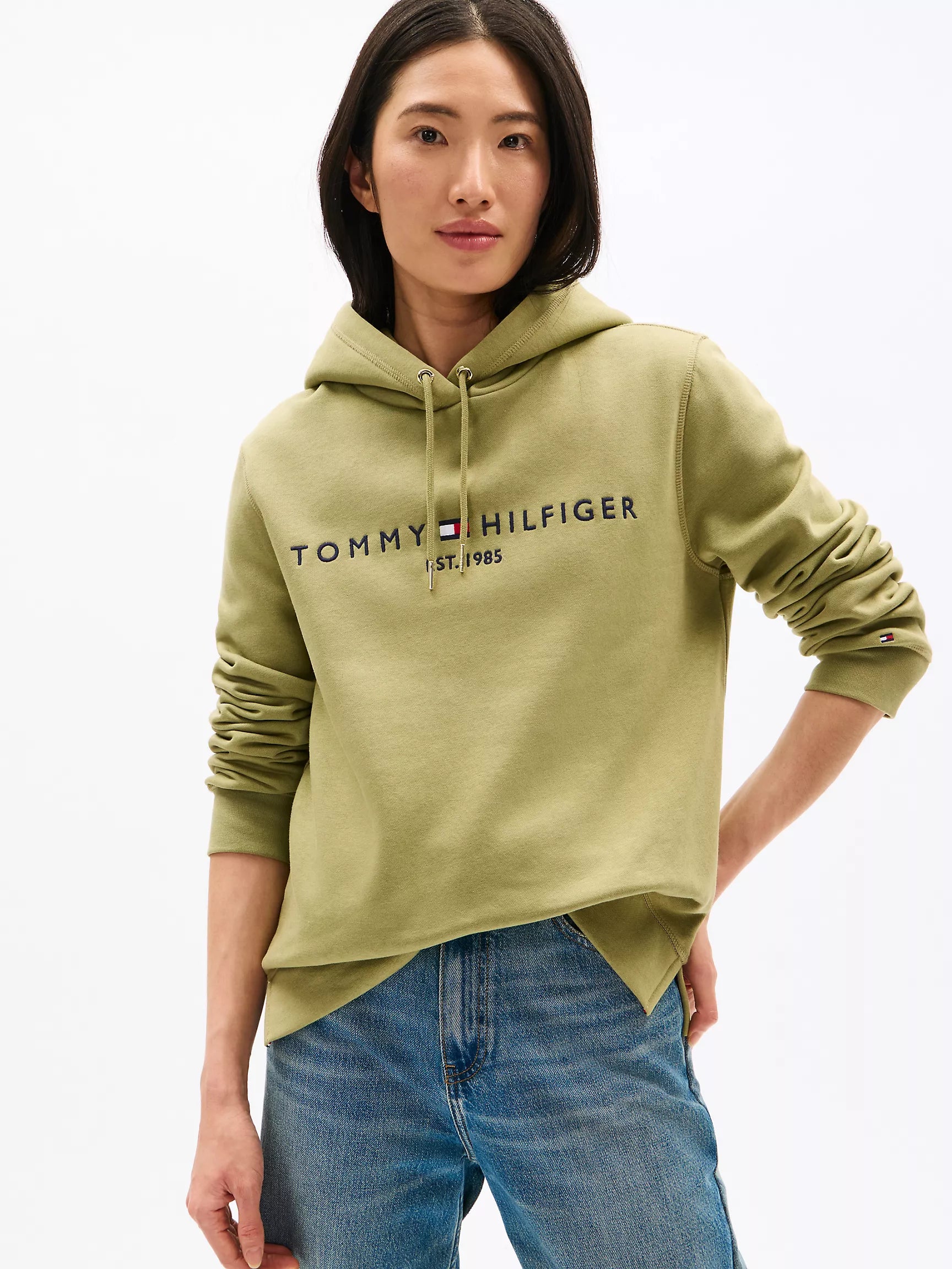 Women Embroidered Tommy Logo Hoodie/Faded Olive