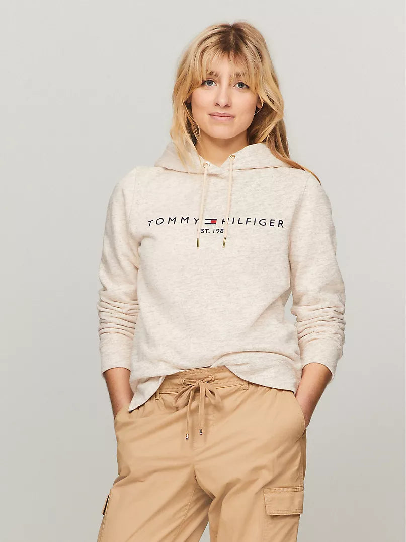 Womens' Embroidered Tommy Logo Hoodie-Beige Heather