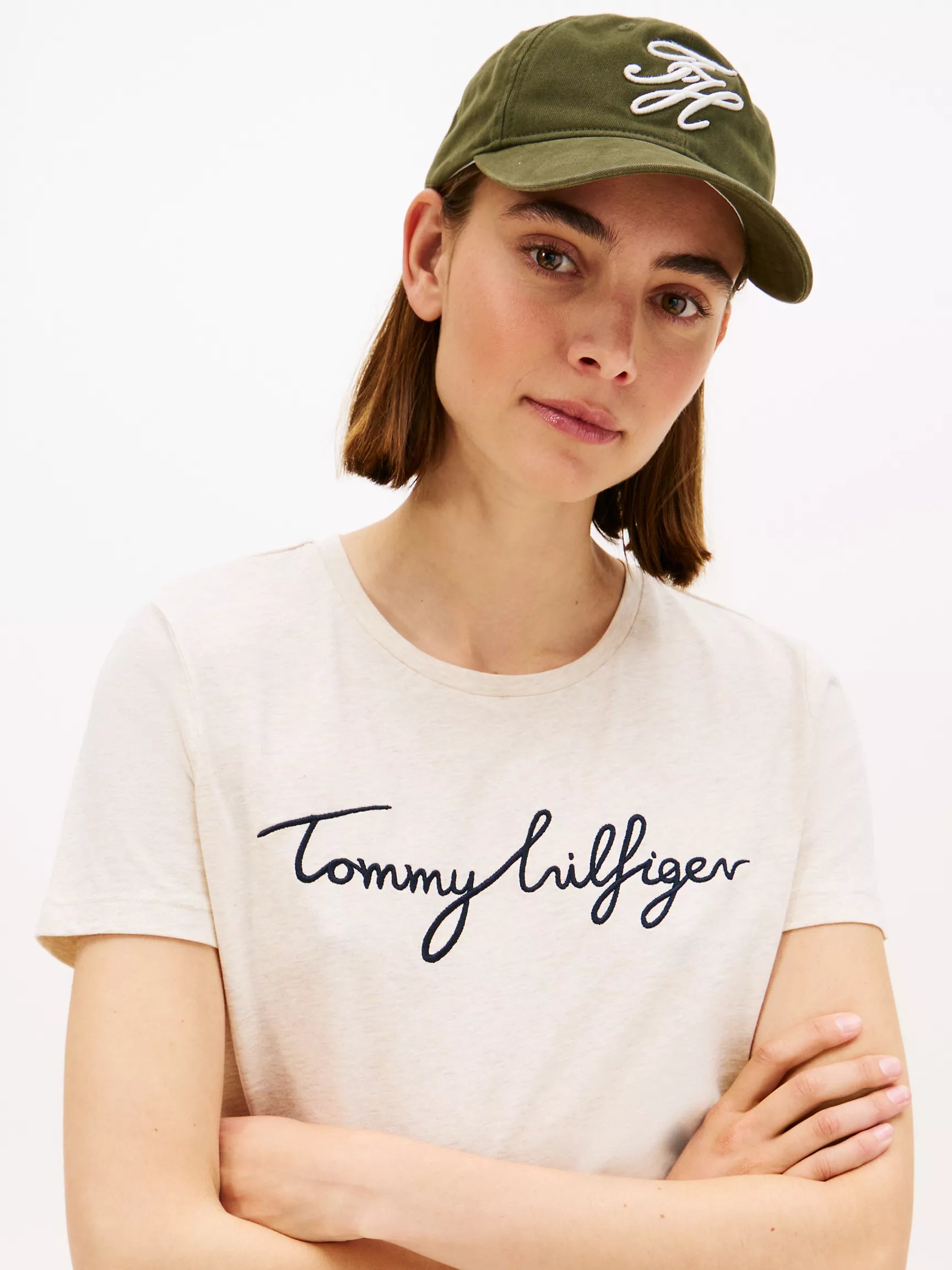 Womens' TOMMY Embroidered Signature Crewneck T-Shirt /Beige Heather