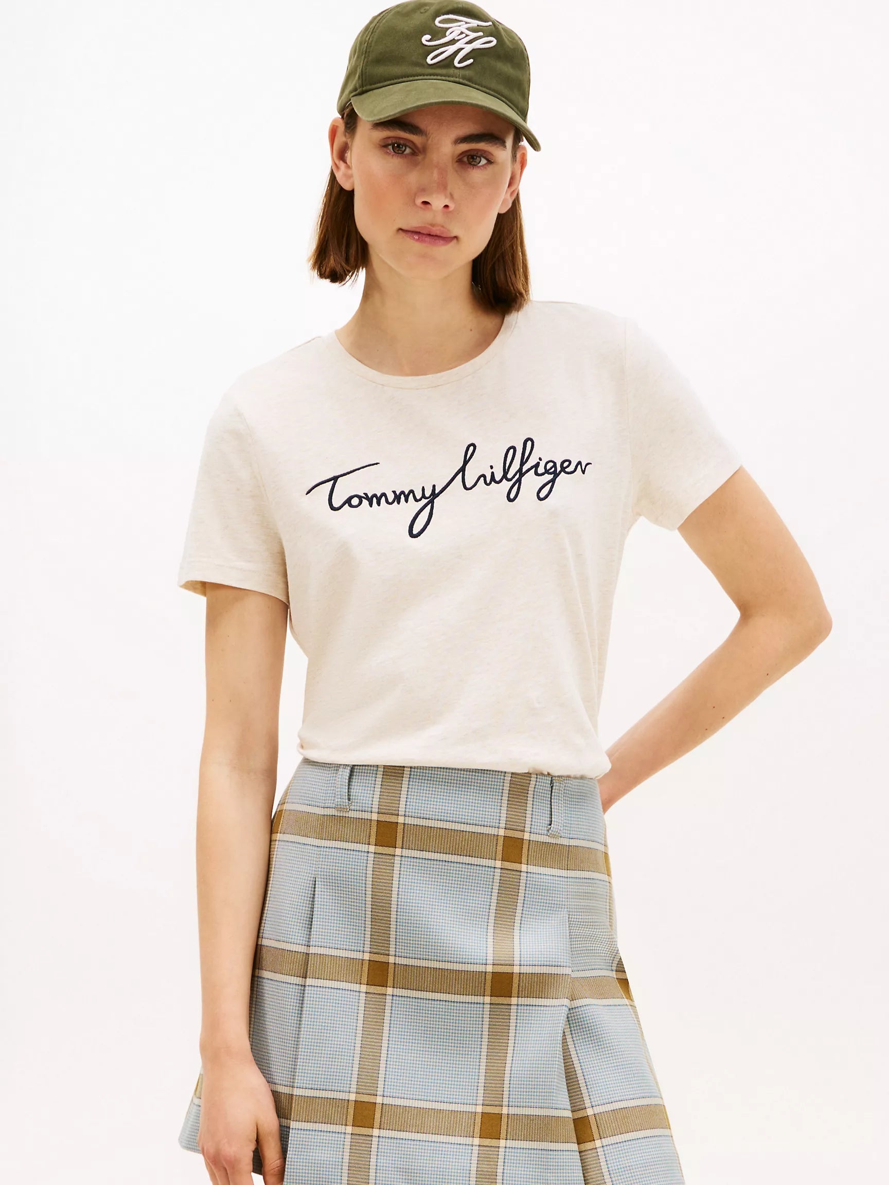 Womens' TOMMY Embroidered Signature Crewneck T-Shirt /Beige Heather
