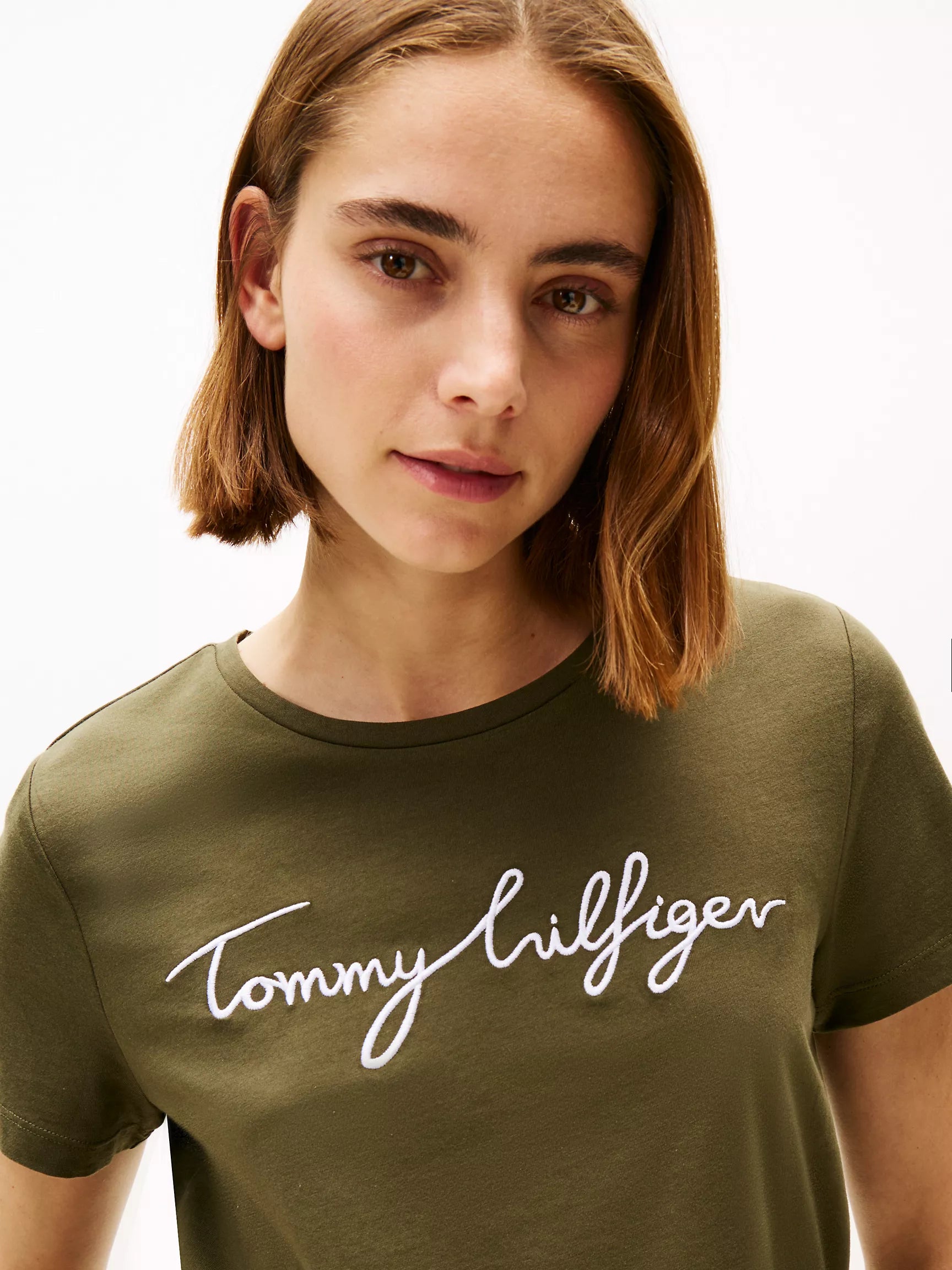 Womens' TOMMY Embroidered Signature Crewneck T-Shirt /Platinum Olive