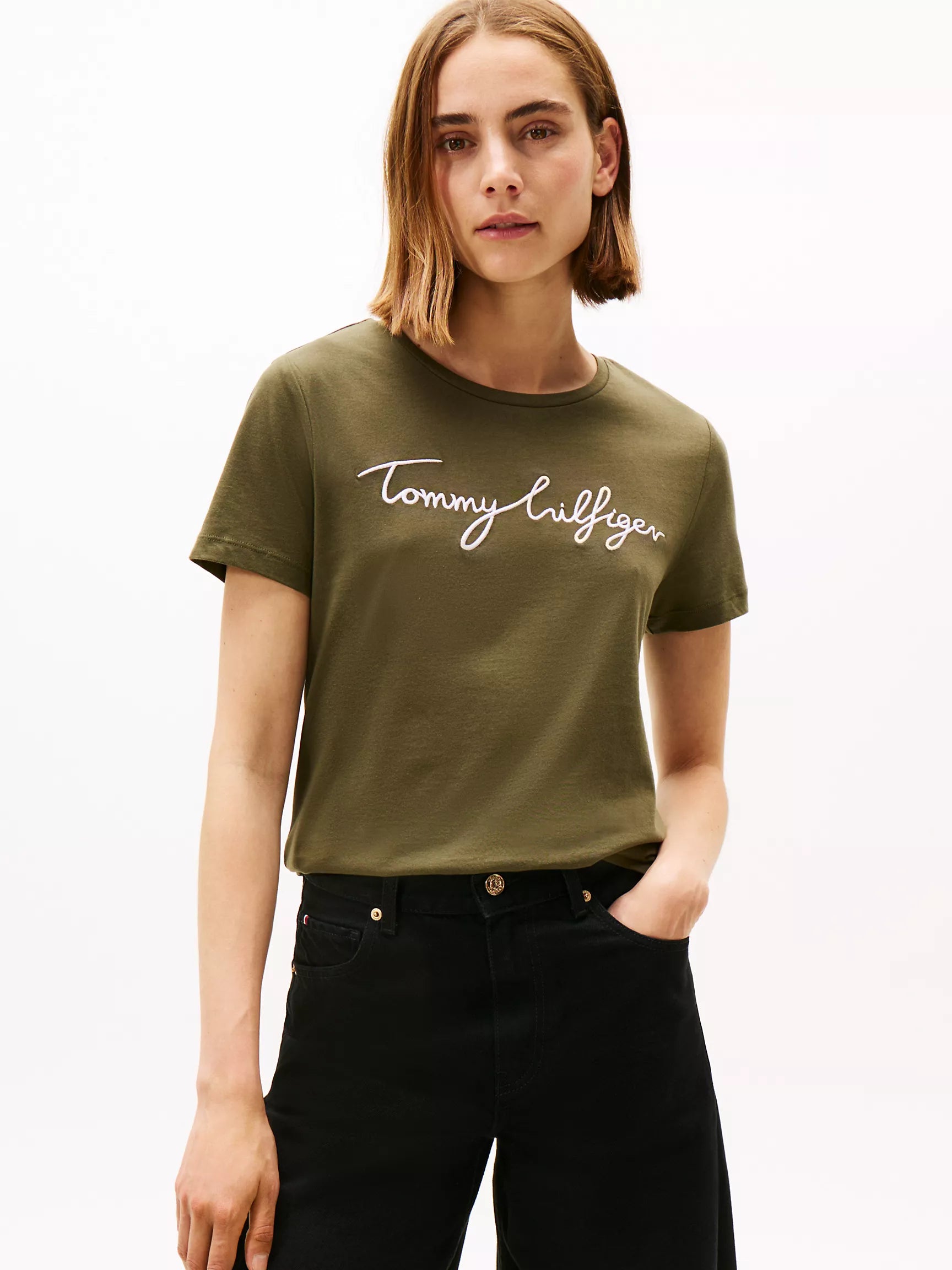 Womens' TOMMY Embroidered Signature Crewneck T-Shirt /Platinum Olive