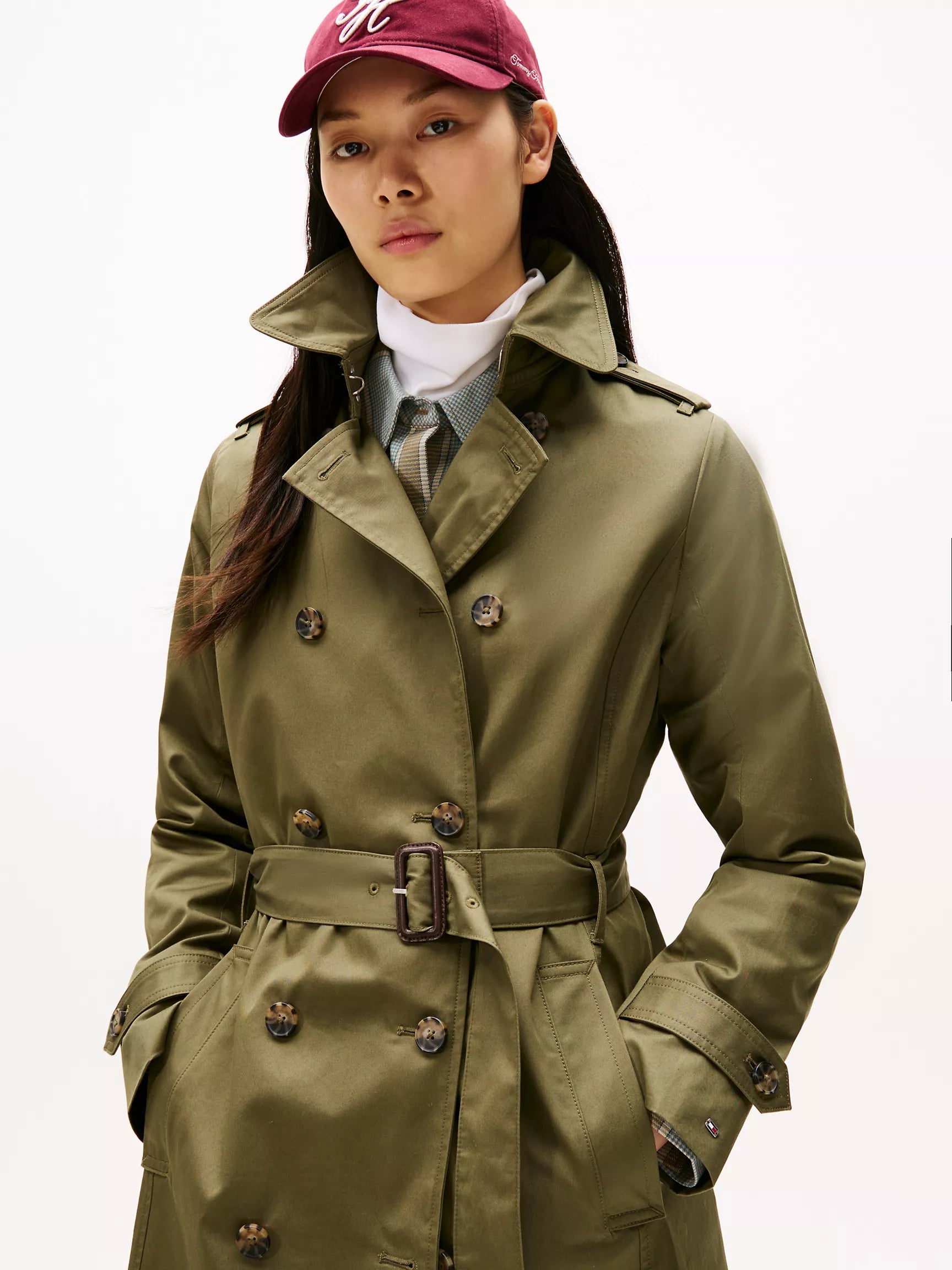 TOMMY WOMENS' Double-Breasted Belted Trench Coat Utility Olive
