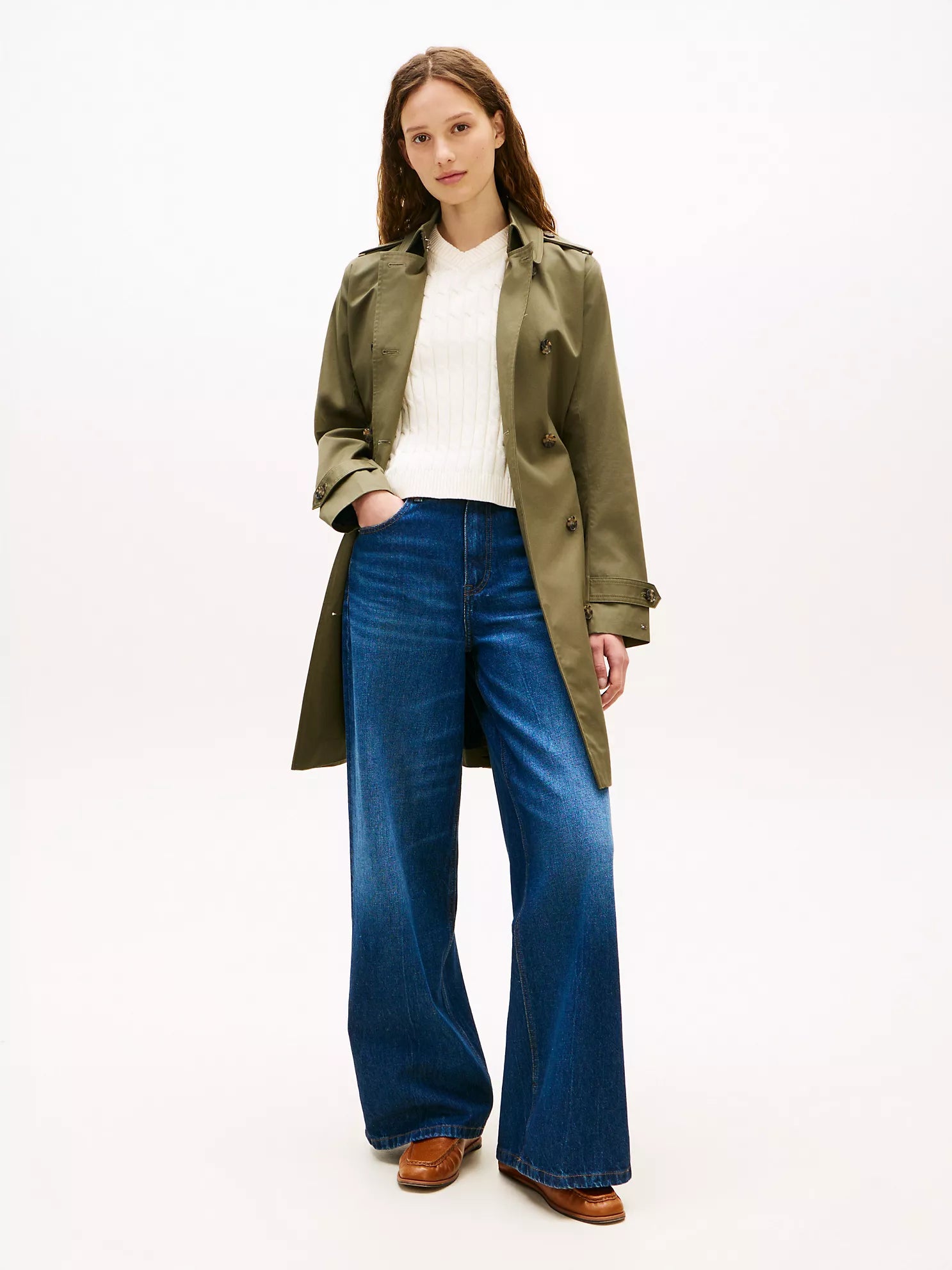 TOMMY WOMENS' Double-Breasted Belted Trench Coat Utility Olive