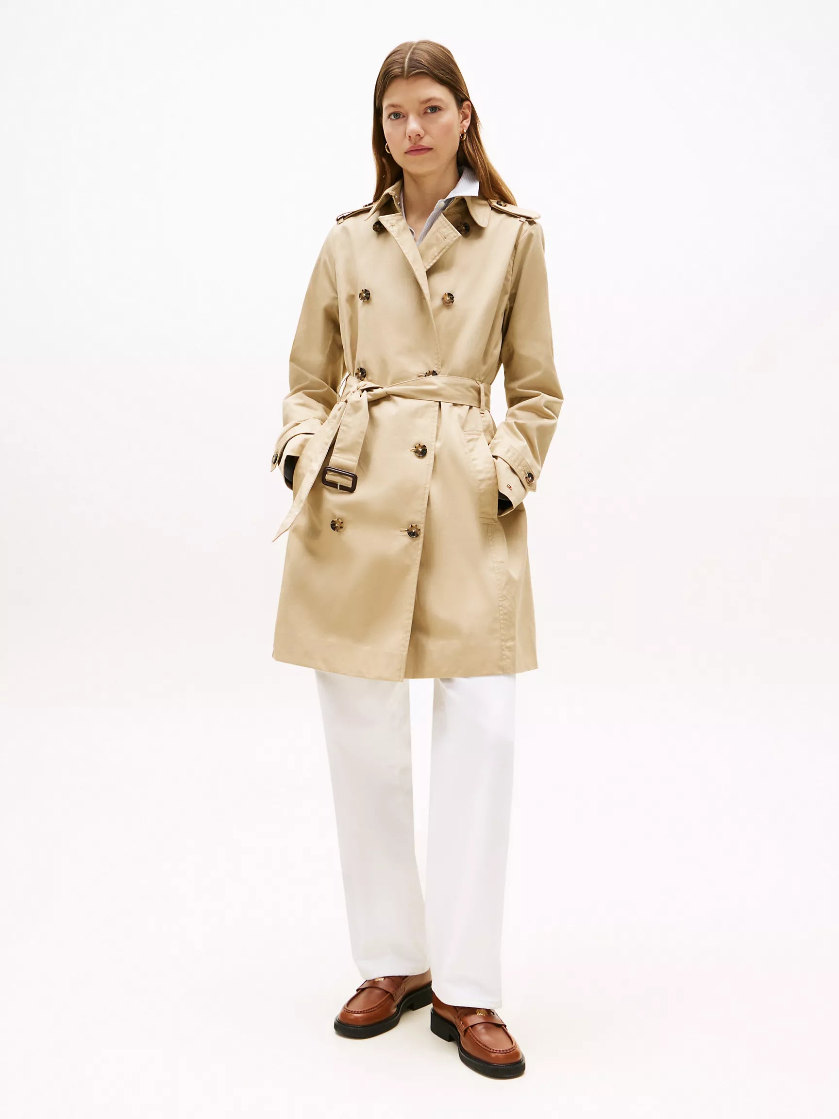 TOMMY WOMENS' Double-Breasted Belted Trench Coat Travertine