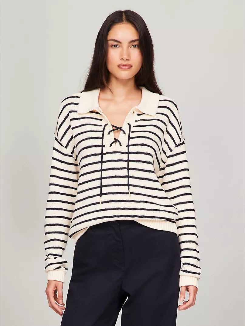 WOMENS' Tommy Hilfiger Stripe Lace-Up Polo Sweater