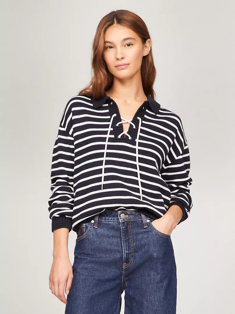 WOMENS' Tommy Hilfiger Stripe Lace-Up Polo Sweater