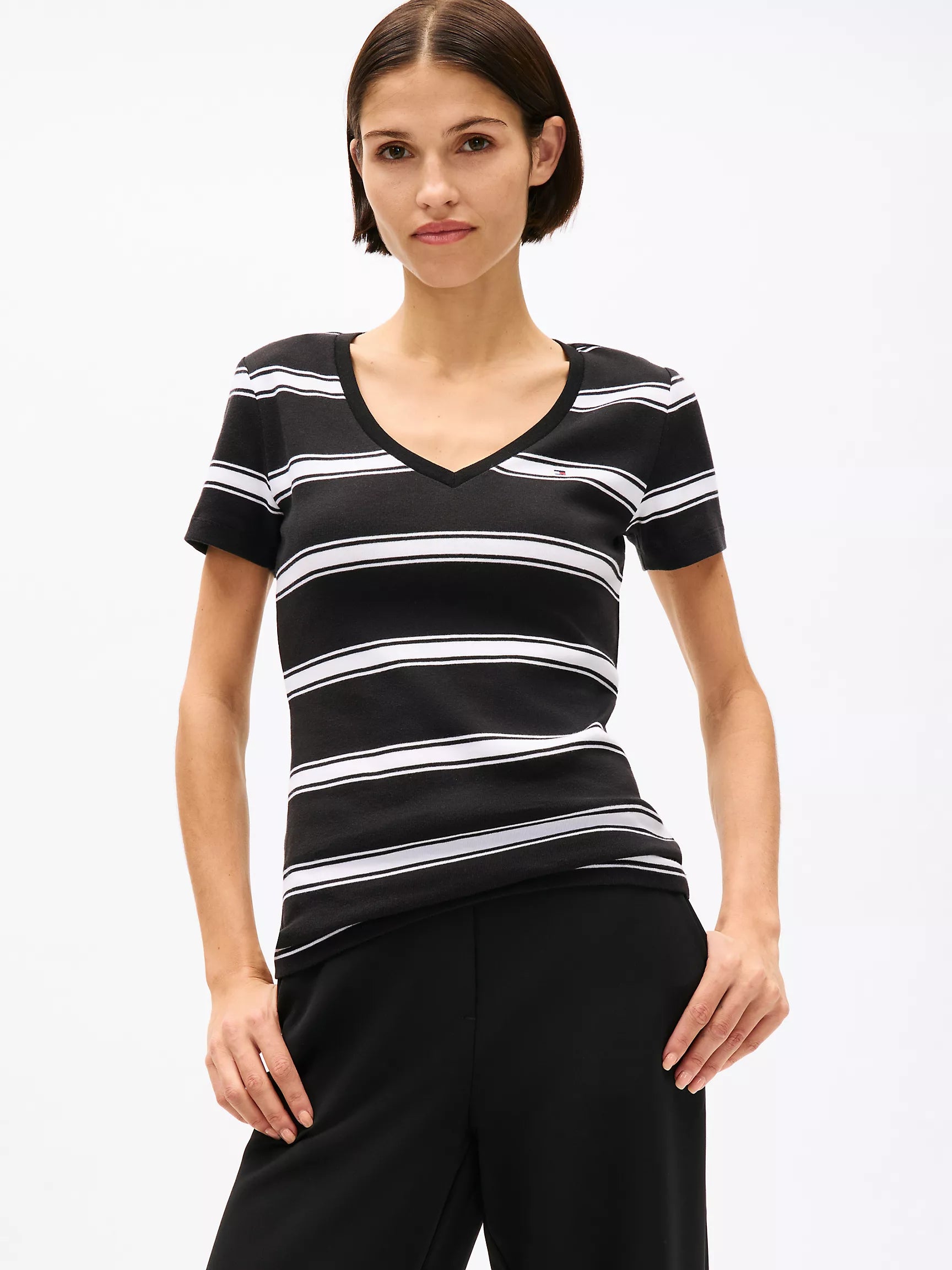 WOMENS' TOMMY V-Neck Stripe Favorite T-Shirt/ Black Stripe