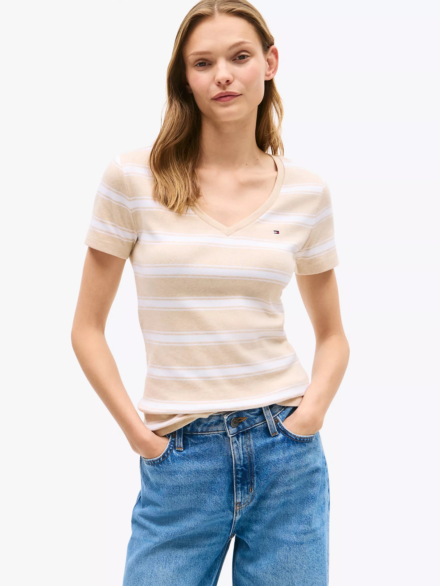 WOMENS' TOMMY V-Neck Stripe Favorite T-Shirt/ Beige Heather Stripe