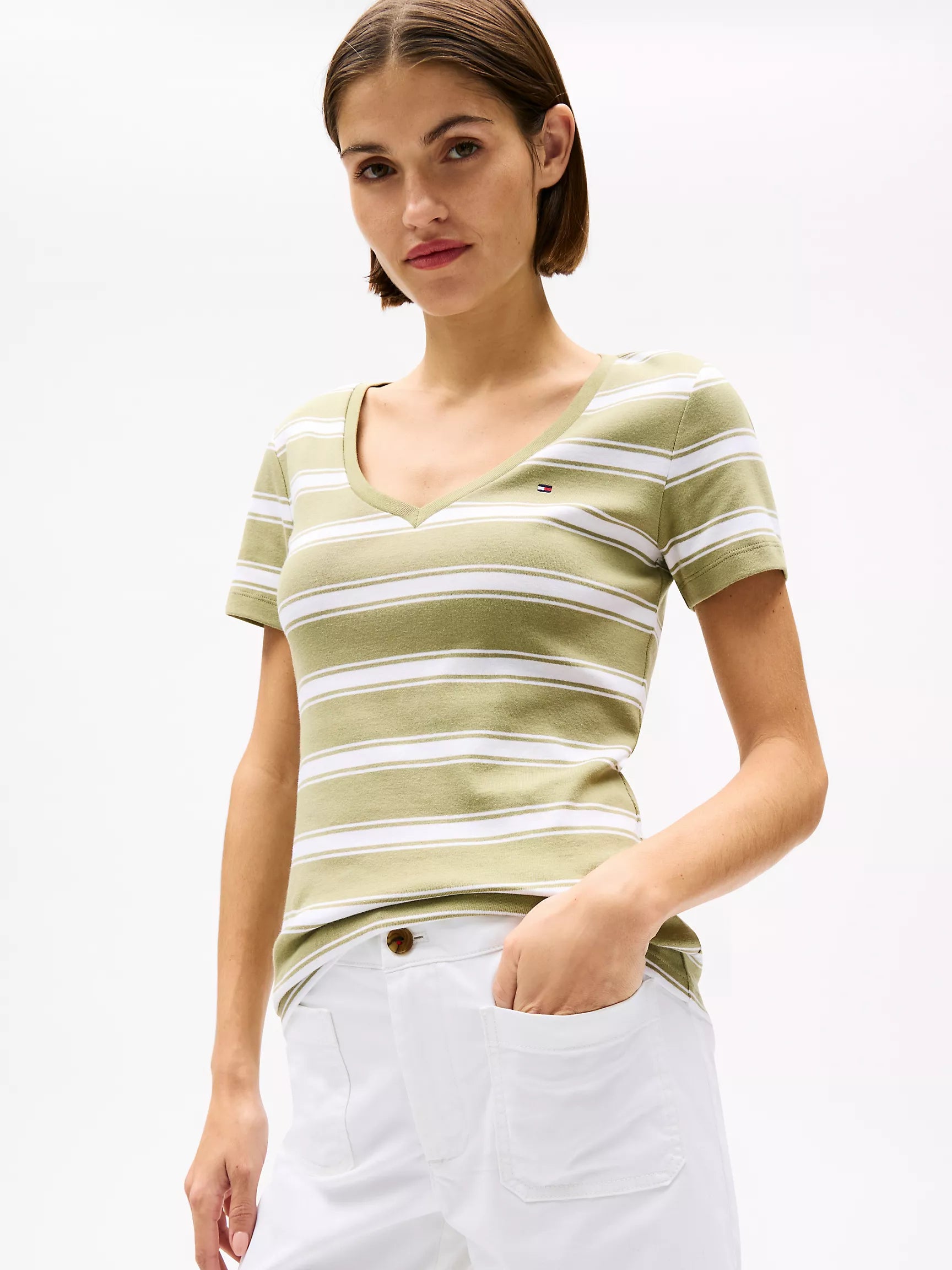 WOMENS' TOMMY V-Neck Stripe Favorite T-Shirt/ Faded Olive Stripe