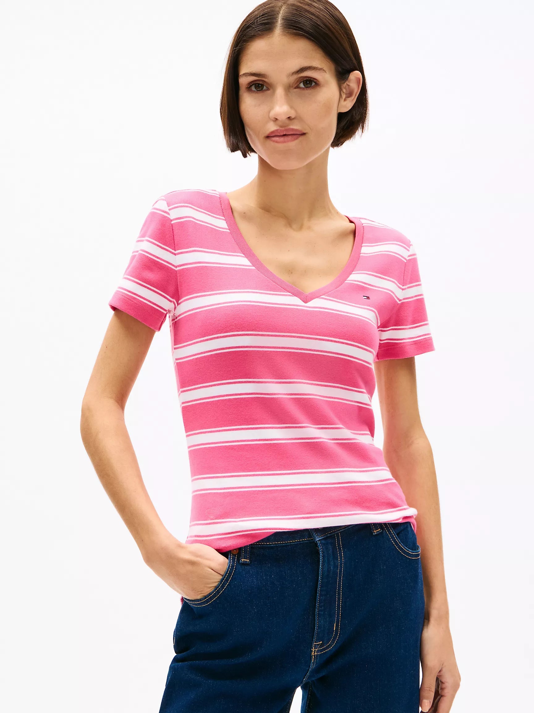 WOMENS' TOMMY V-Neck Stripe Favorite T-Shirt/ Fandango Pink Stripe