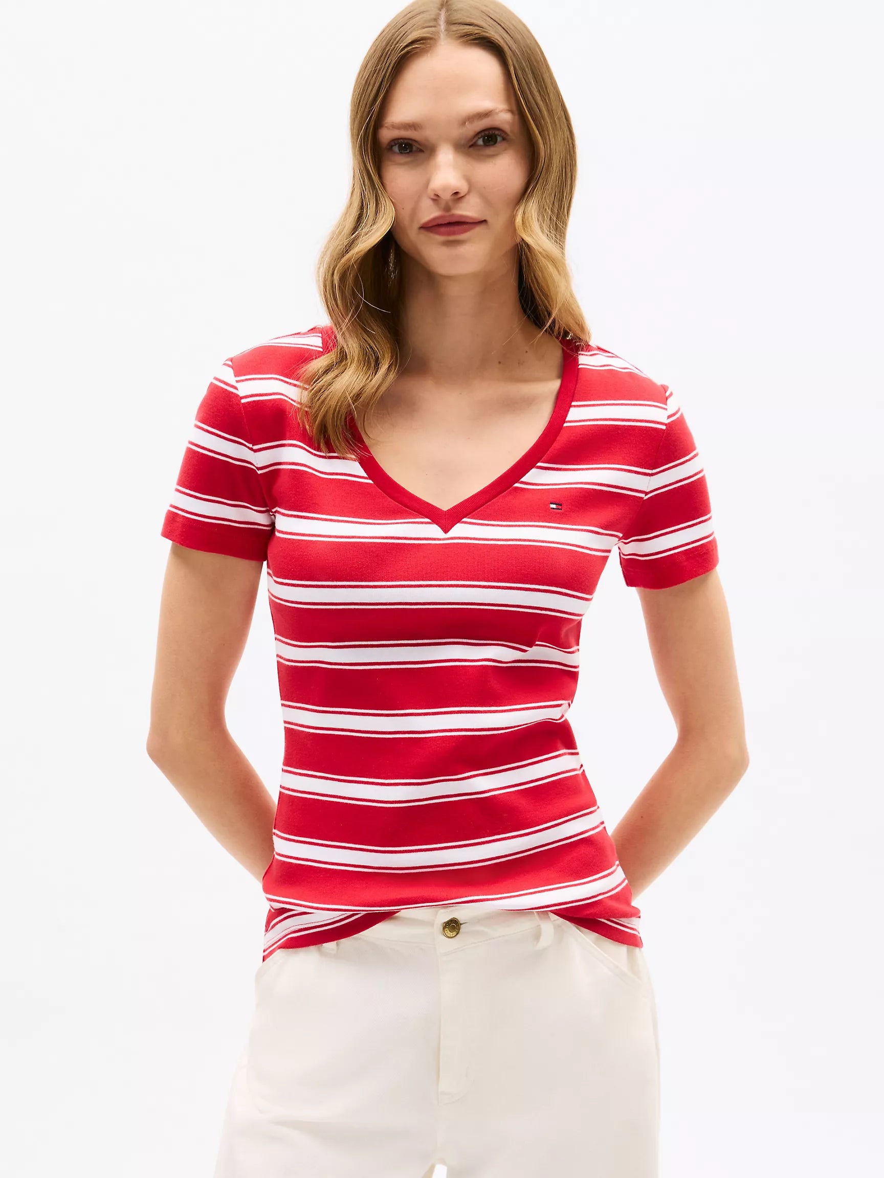 WOMENS' TOMMY V-Neck Stripe Favorite T-Shirt/ Primary Red Stripe