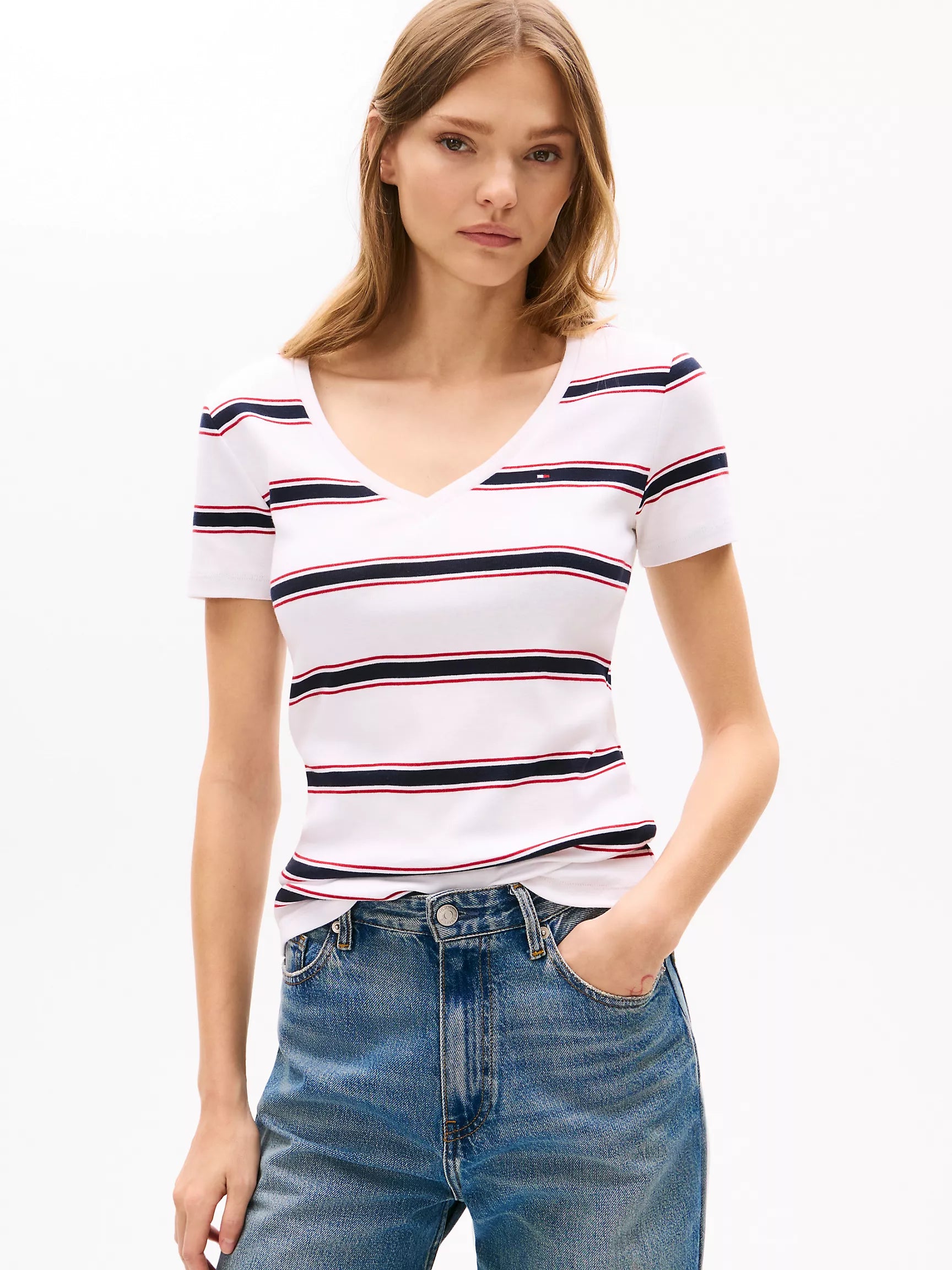 WOMENS' TOMMY V-Neck Stripe Favorite T-Shirt/ Optic White Stripe