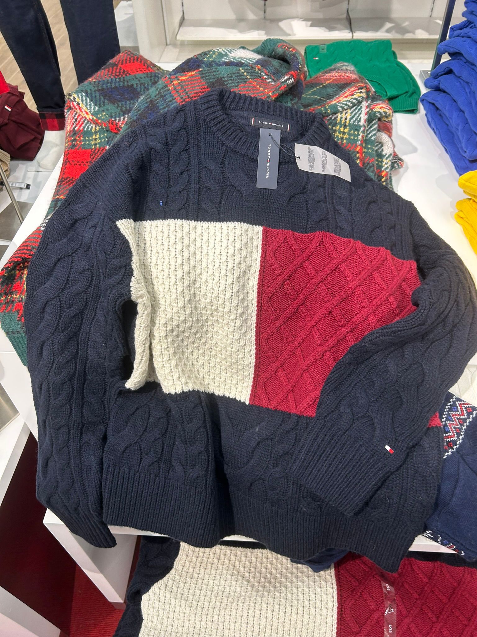 Tommy Mens' Wool-Blend Cable Knit Flag Sweater