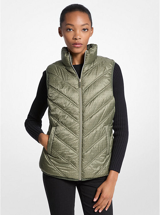 Michael Kors WOMENS' Chevron Quilted Logo Print and Nylon Packable Vest OLIVE