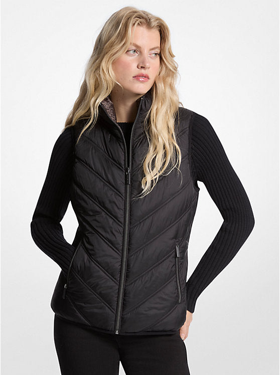 Michael Kors WOMENS'Chevron Quilted Logo Print and Nylon Packable Vest BLACK
