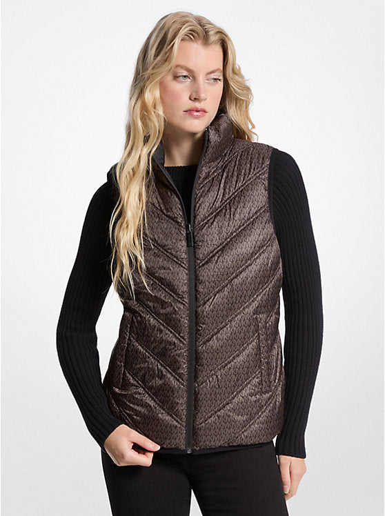 Michael Kors WOMENS'Chevron Quilted Logo Print and Nylon Packable Vest BLACK