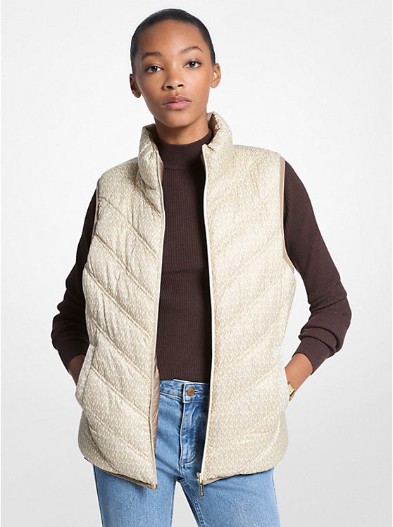 Michael Kors WOMENS'Chevron Quilted Logo Print and Nylon Packable Vest TAUPE/BONE LOGO