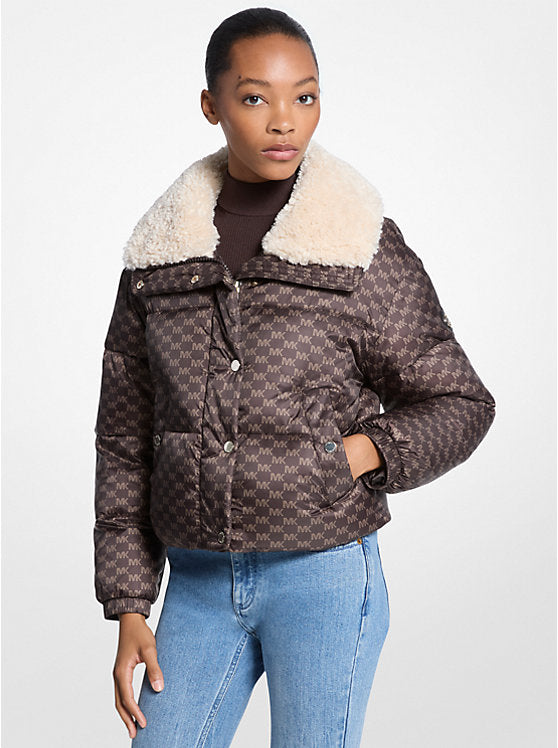 Michael Kors WOMENS' Logo Print and Sherpa Puffer Jacket CHOCOLATE
