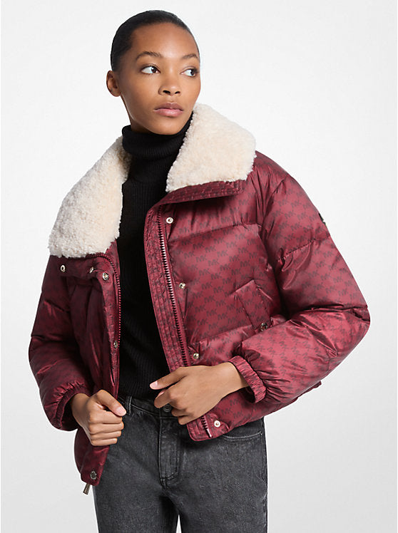 Michael Kors WOMENS' Logo Print and Sherpa Puffer Jacket Cherry
