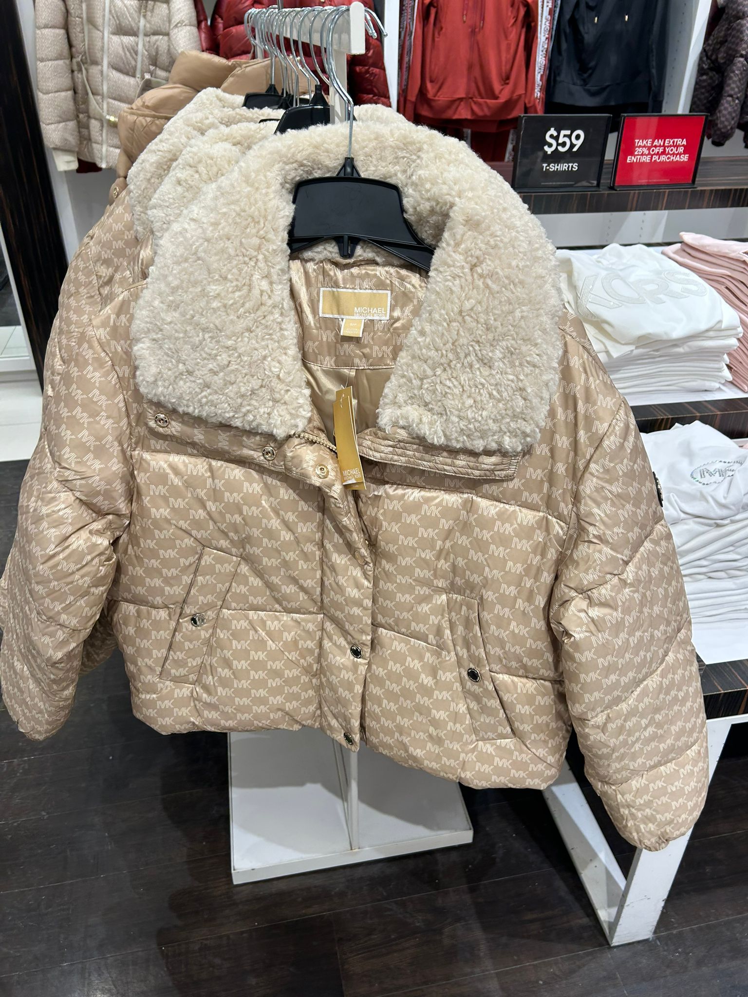 Michael Kors WOMENS' Logo Print and Sherpa Puffer Jacket KHAKI