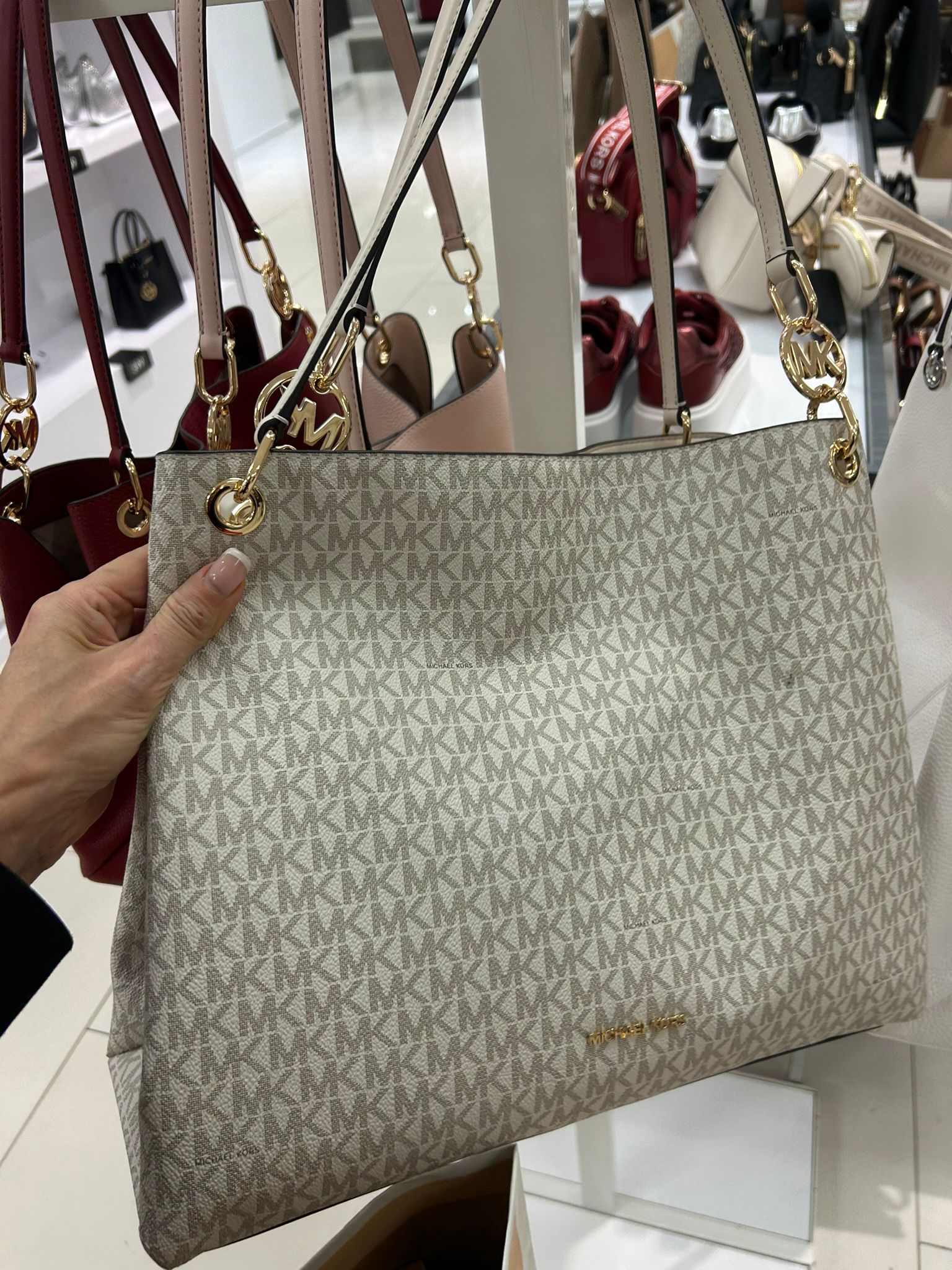 Women's Michael Kors Kensington Large Signature Logo Tote Bag VANILLA/ACORN