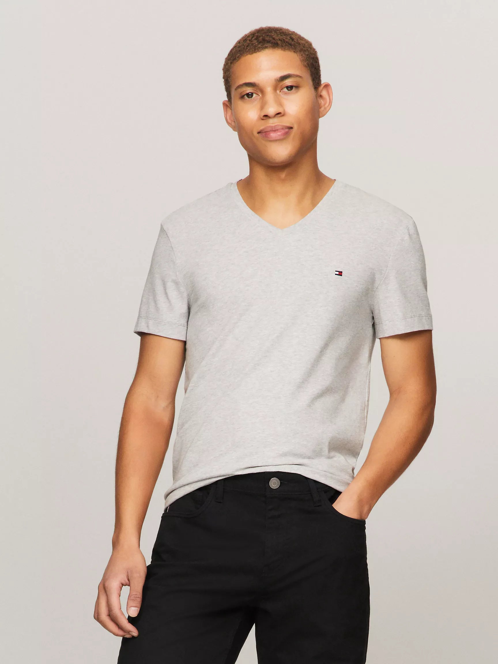 MEN TOMMY Solid V-Neck T-Shirt/ GREY