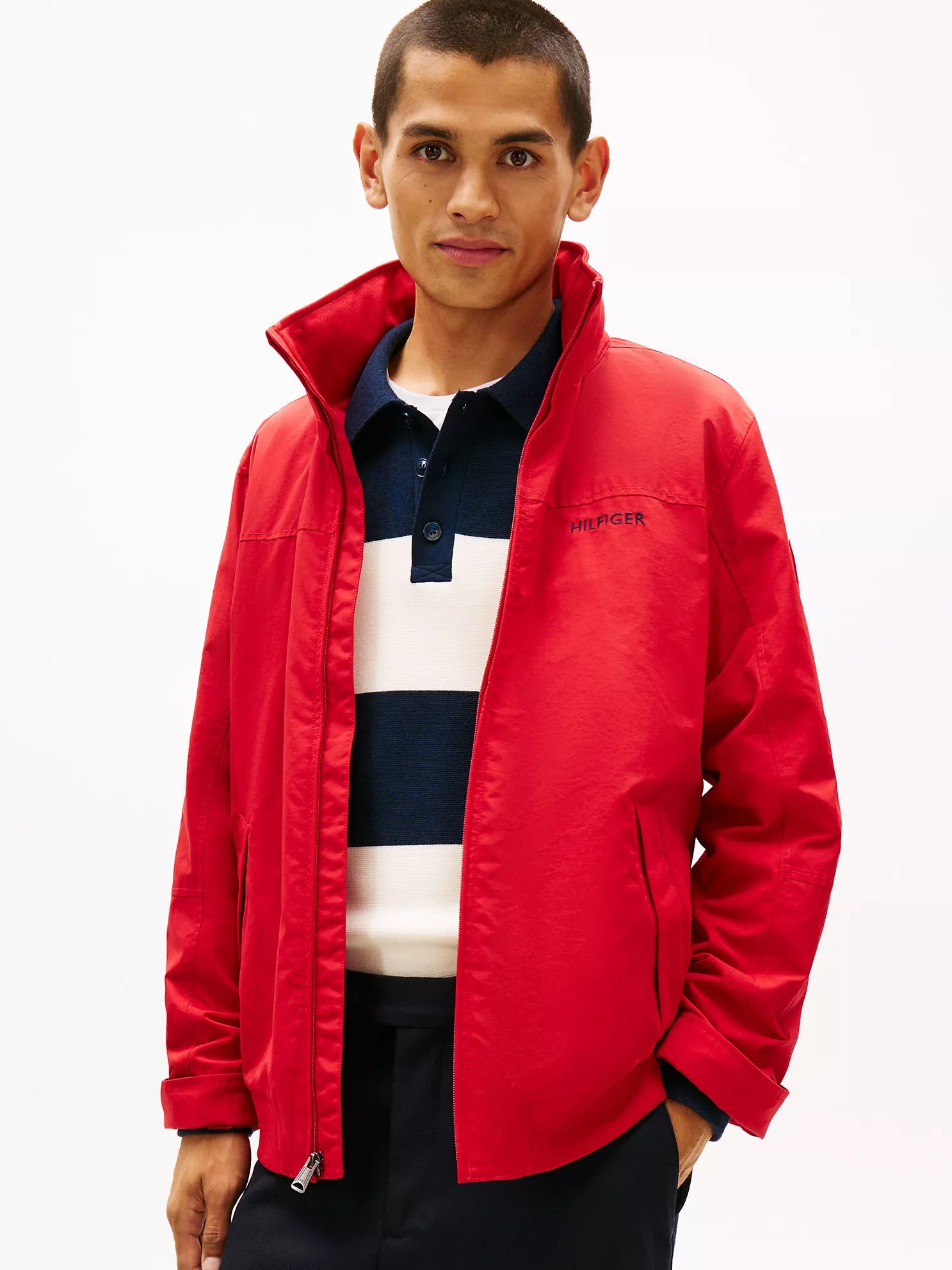 Tommy Mens' Water-Resistant Hooded Regatta Jacket Primary Red