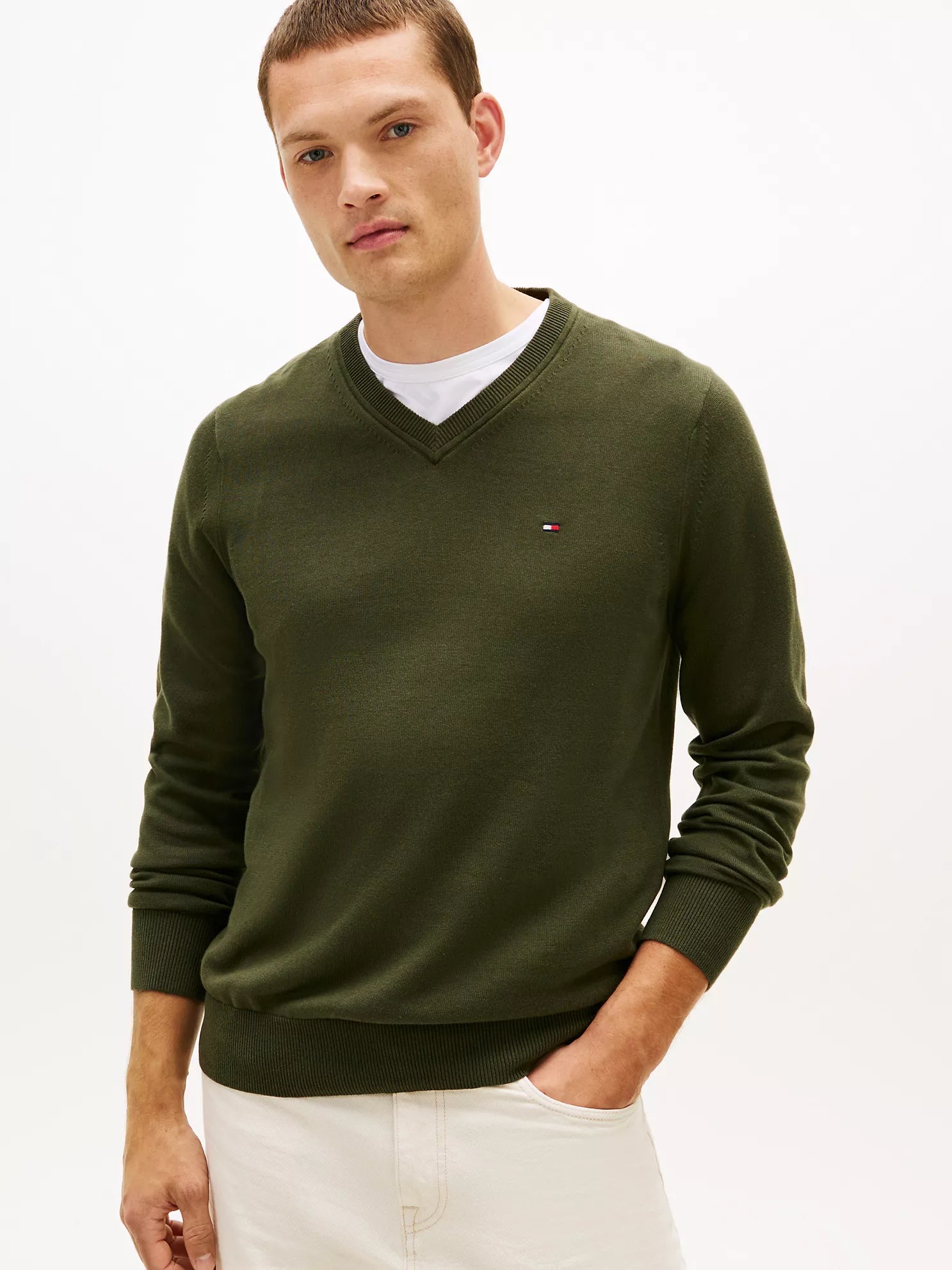 Tommy MENS' Solid Logo V-Neck Sweater Dark Olive