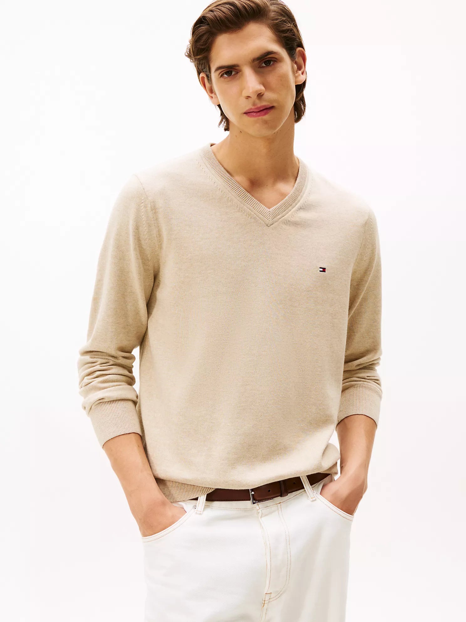 Tommy MENS' Solid Logo V-Neck Sweater Semolina Heather