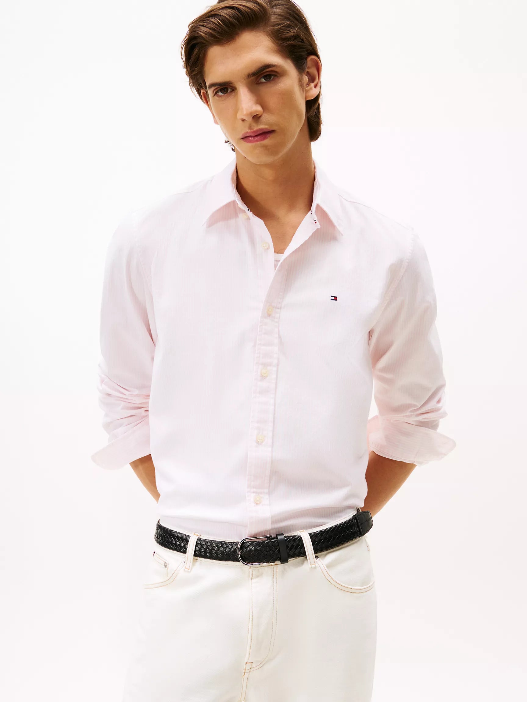 Tommy Hilfiger Regular Fit Stripe Stretch Oxford Shirt -Pink/Optic White Stripe