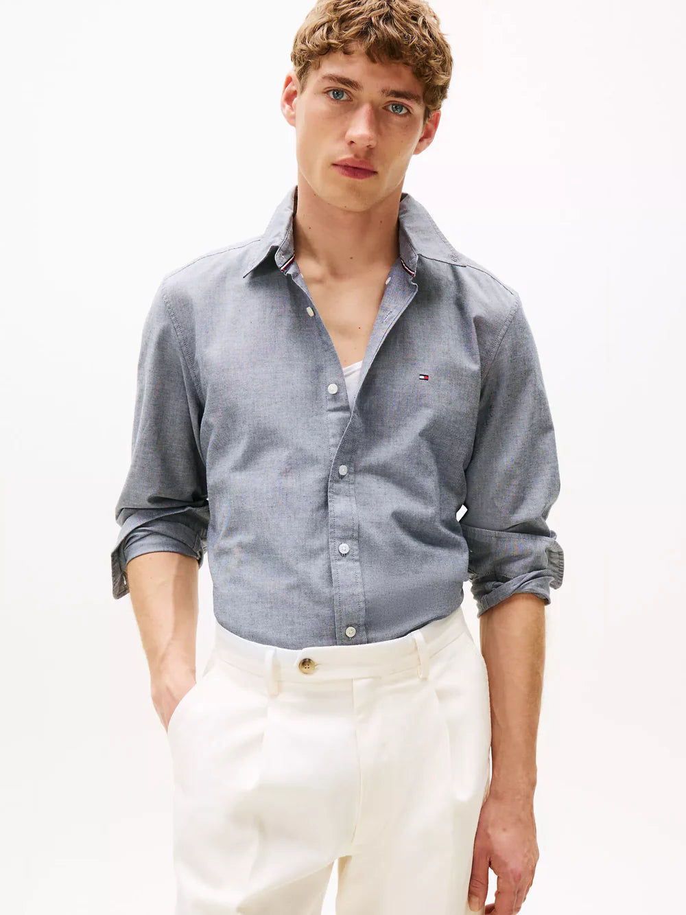 TOMMY MEN Regular Fit Stretch Oxford Shirt/ Faded Chambray Blue
