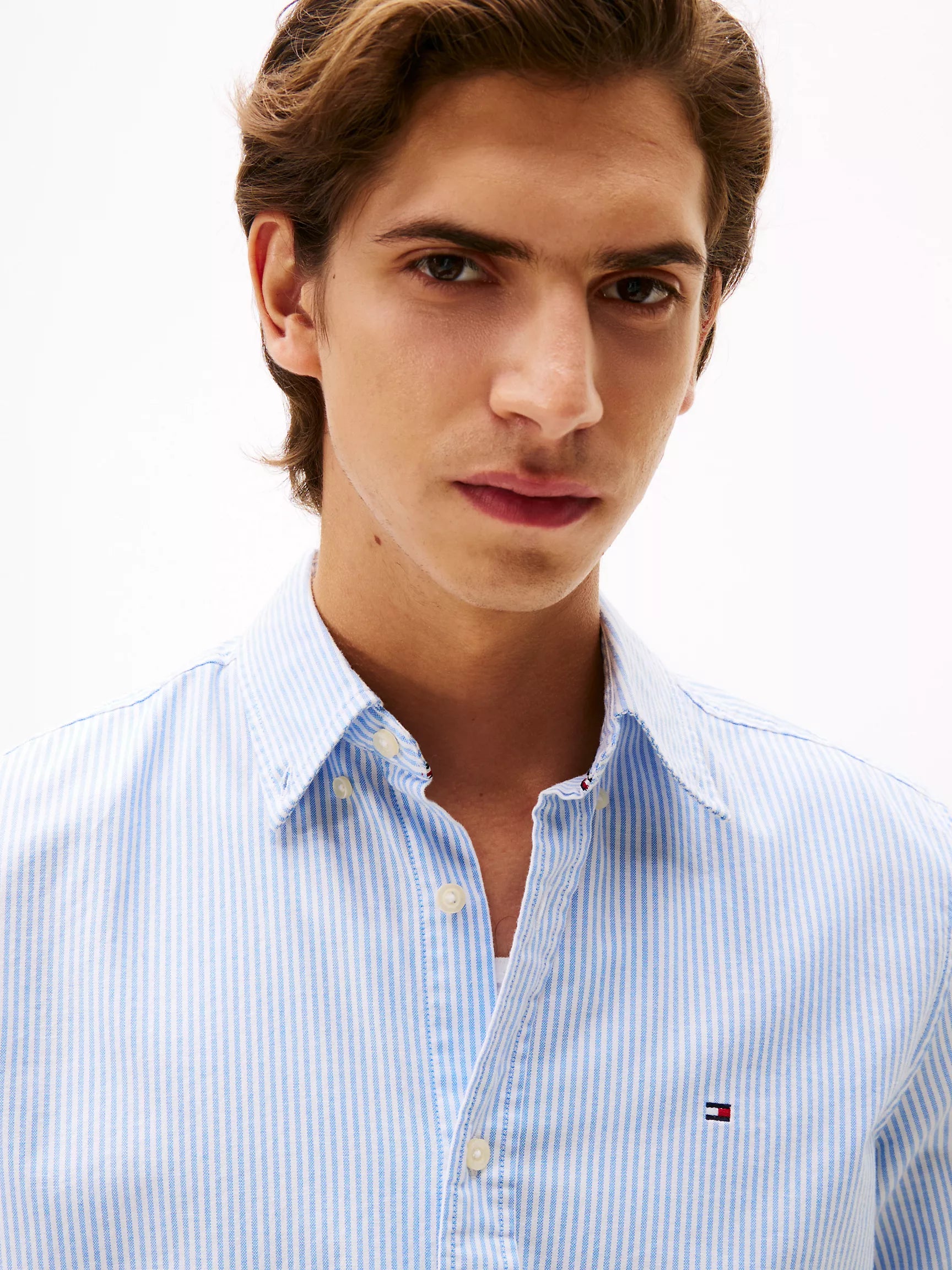 TOMMY HILFIGER MENS' Regular Fit Stripe Stretch Oxford Shirt Provence/Optic White Stripe