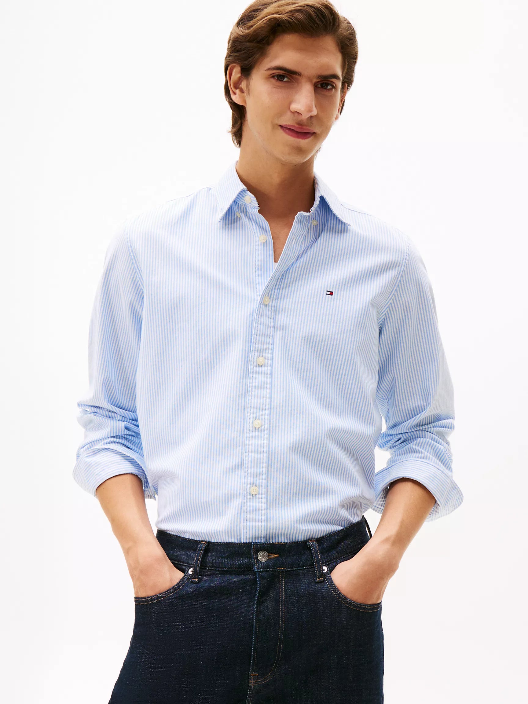 TOMMY HILFIGER MENS' Regular Fit Stripe Stretch Oxford Shirt Provence/Optic White Stripe